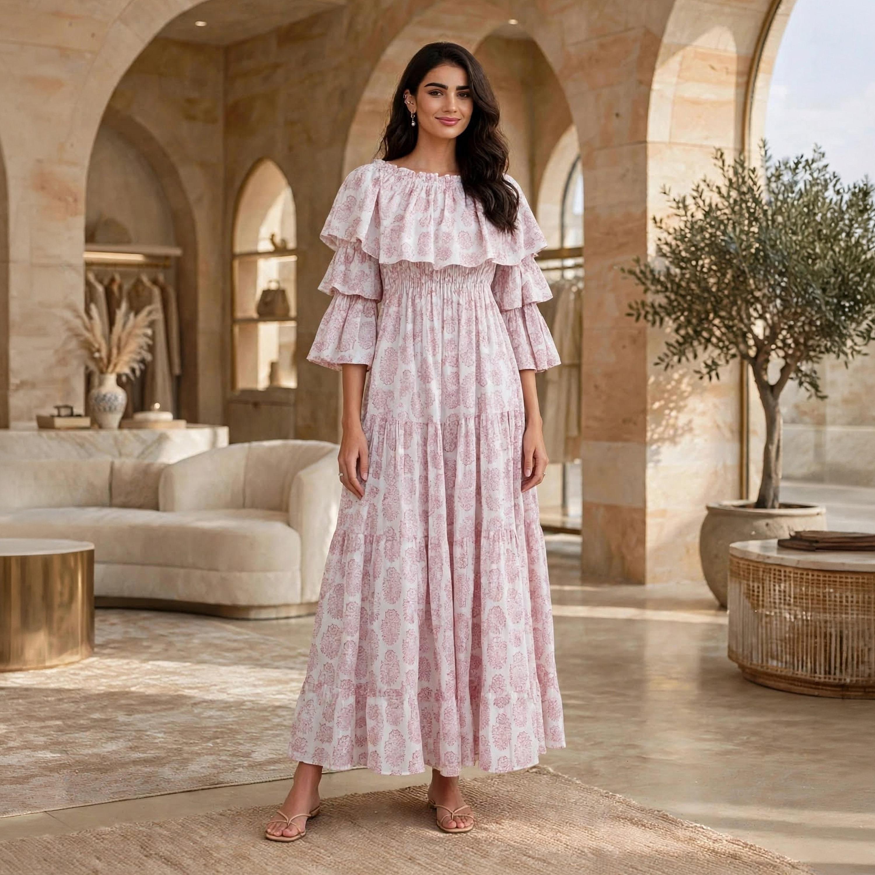 IKKXA Floral Print Ruffle Flared Sleeves Women's Tiered Jalabiya-women-arabicclothing-dresses-image-6