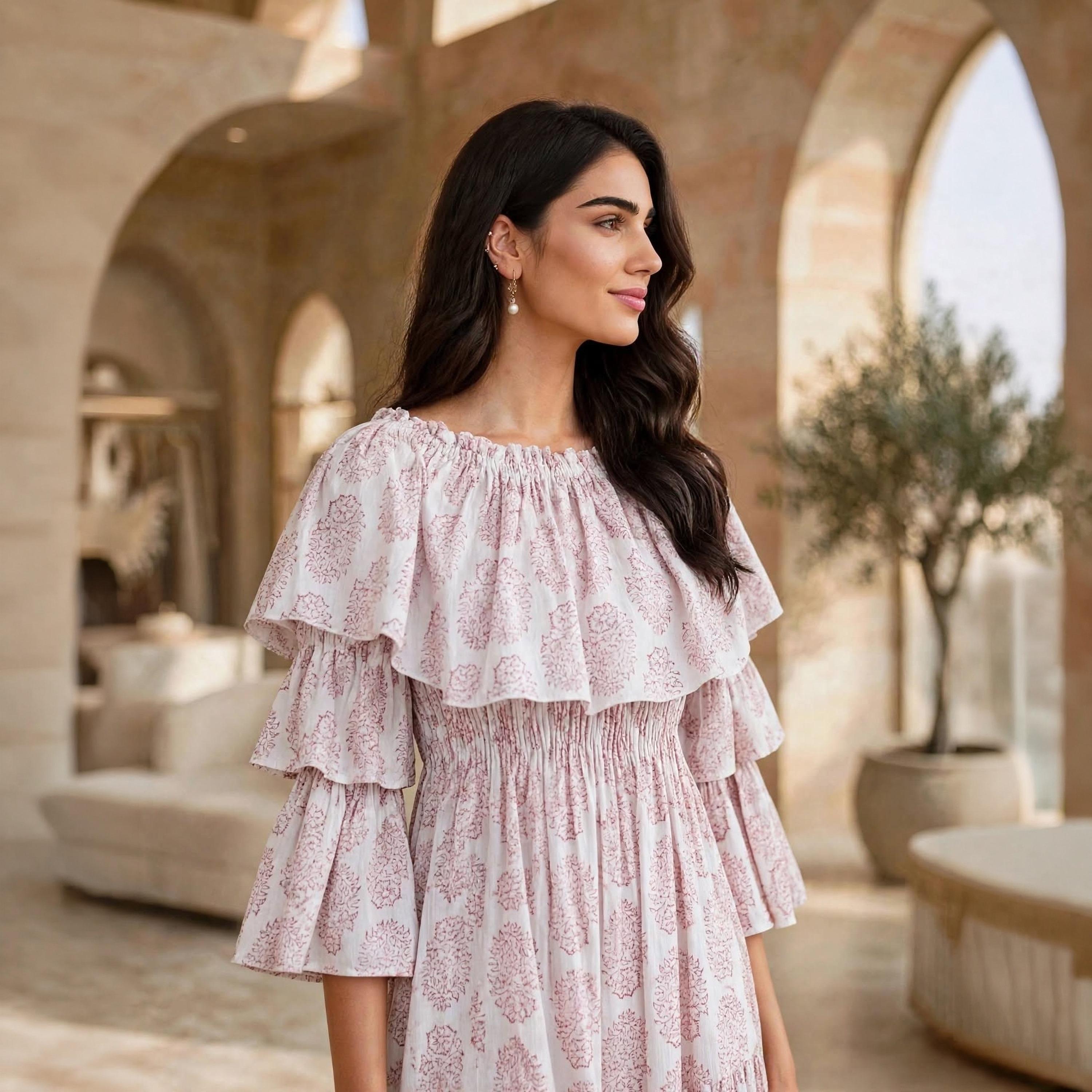 IKKXA Floral Print Ruffle Flared Sleeves Women's Tiered Jalabiya-women-arabicclothing-dresses-image-2