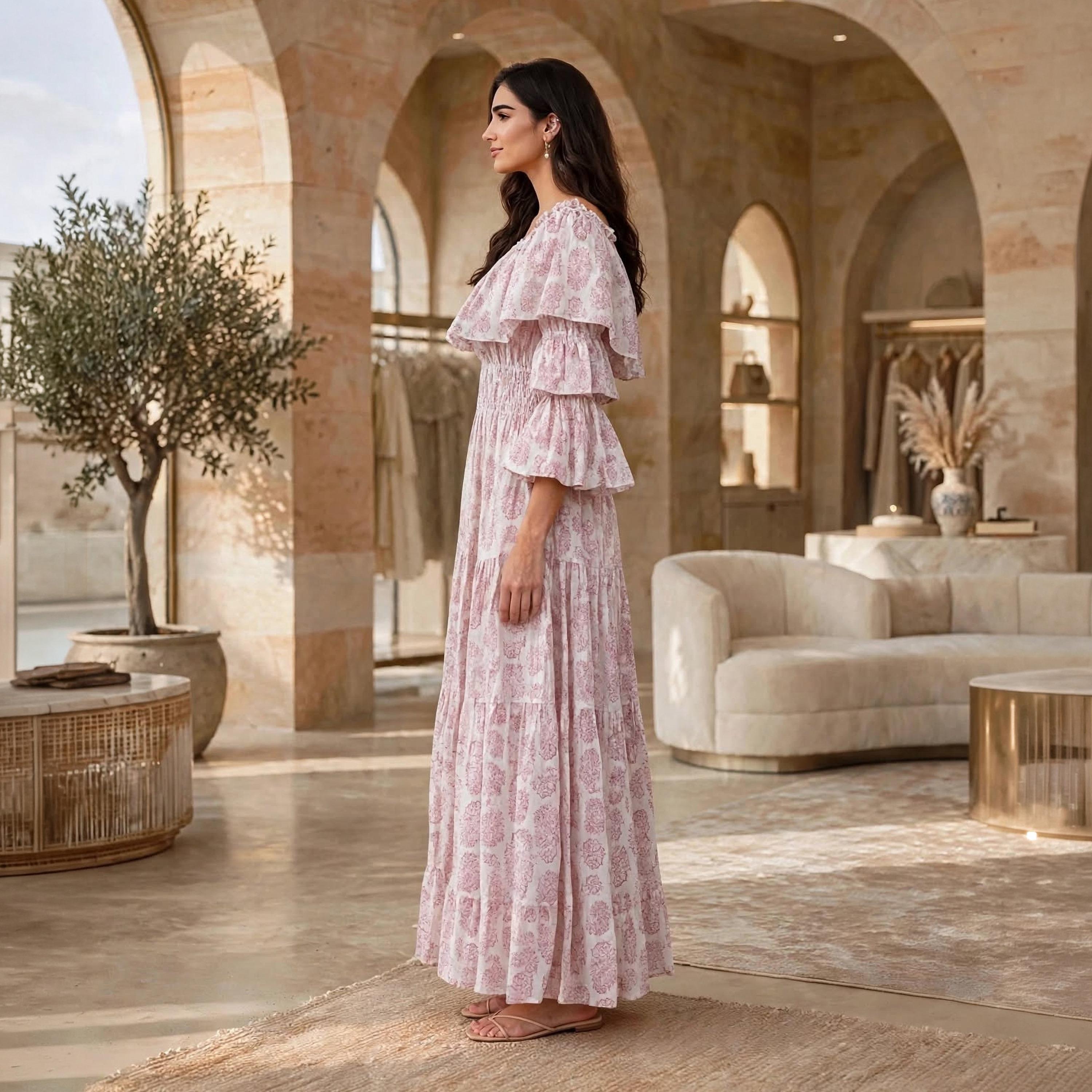 IKKXA Floral Print Ruffle Flared Sleeves Women's Tiered Jalabiya-women-arabicclothing-dresses-image-3