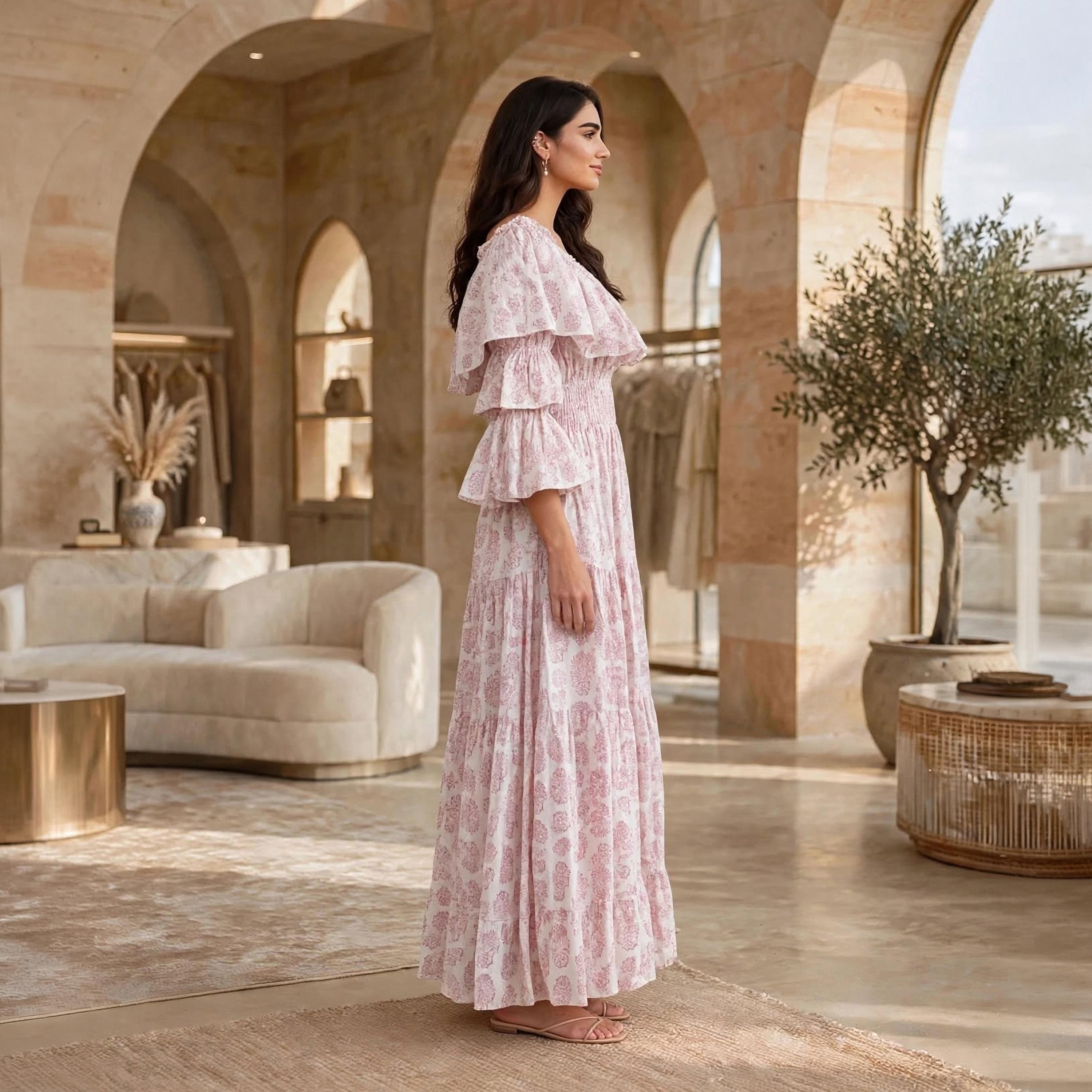 IKKXA Floral Print Ruffle Flared Sleeves Women's Tiered Jalabiya-women-arabicclothing-dresses-image-4