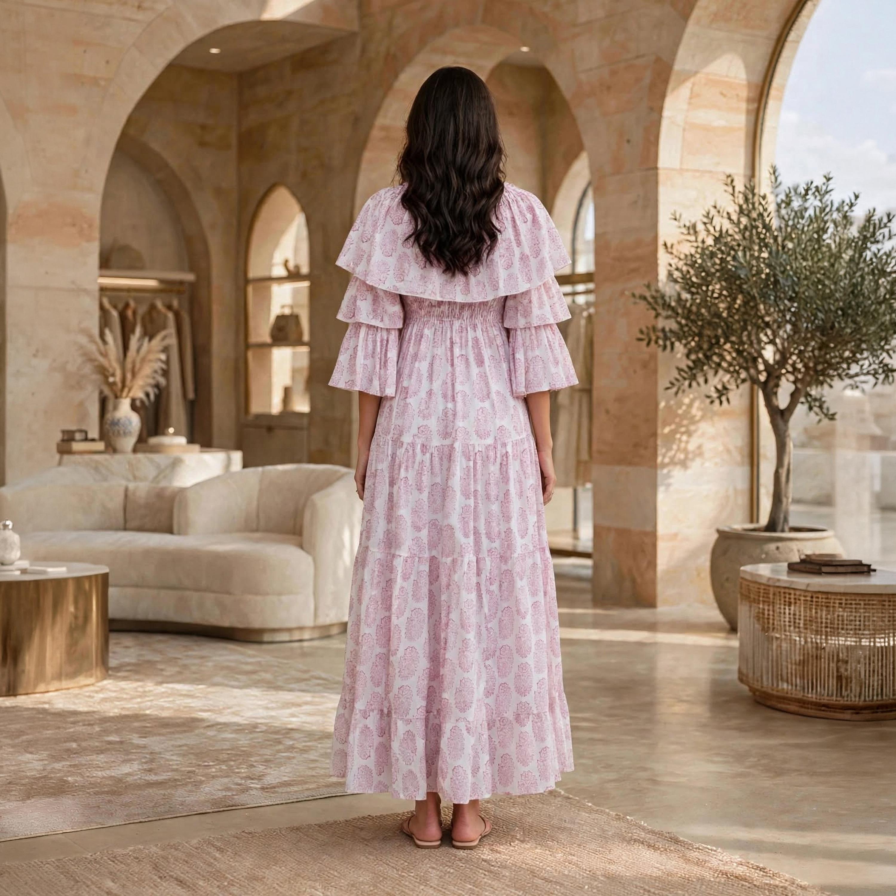 IKKXA Floral Print Ruffle Flared Sleeves Women's Tiered Jalabiya-women-arabicclothing-dresses-image-5