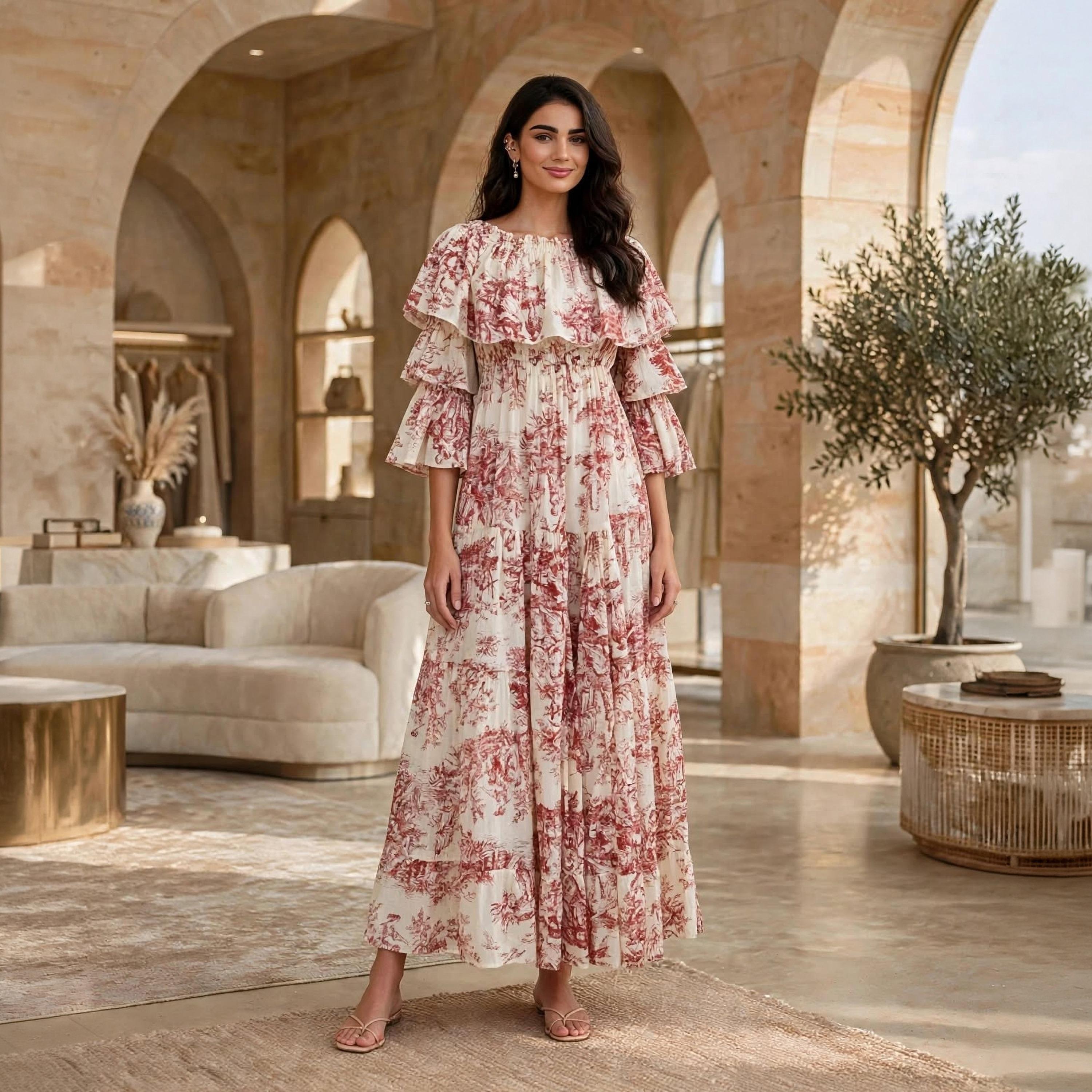 IKKXA Floral Print Ruffle Flared Sleeves Women's Tiered Jalabiya-women-arabicclothing-dresses-image-11