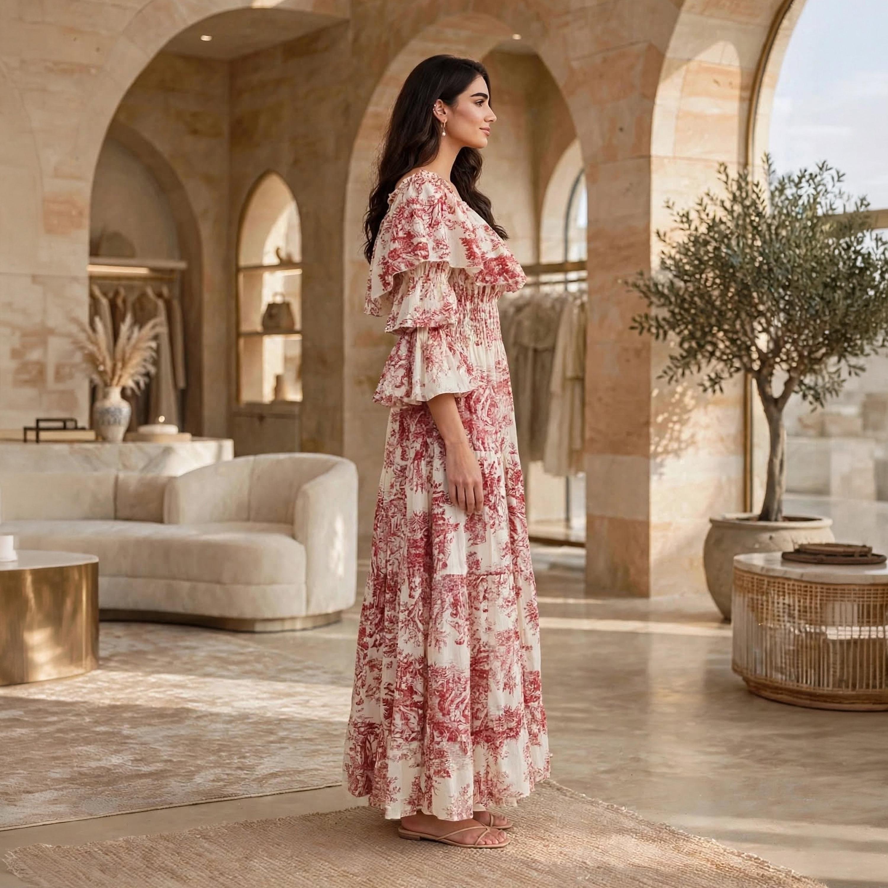 IKKXA Floral Print Ruffle Flared Sleeves Women's Tiered Jalabiya-women-arabicclothing-dresses-image-14