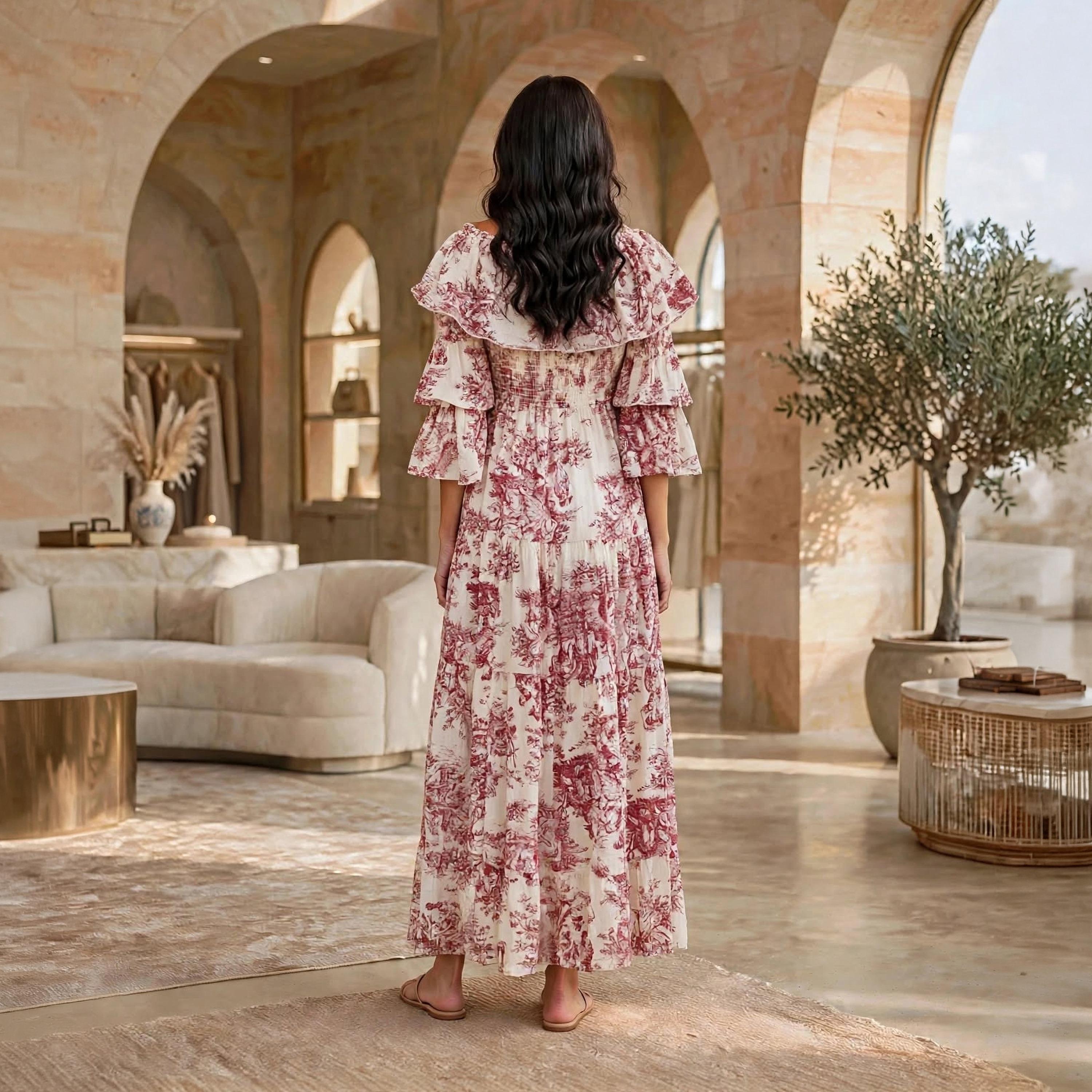IKKXA Floral Print Ruffle Flared Sleeves Women's Tiered Jalabiya-women-arabicclothing-dresses-image-15