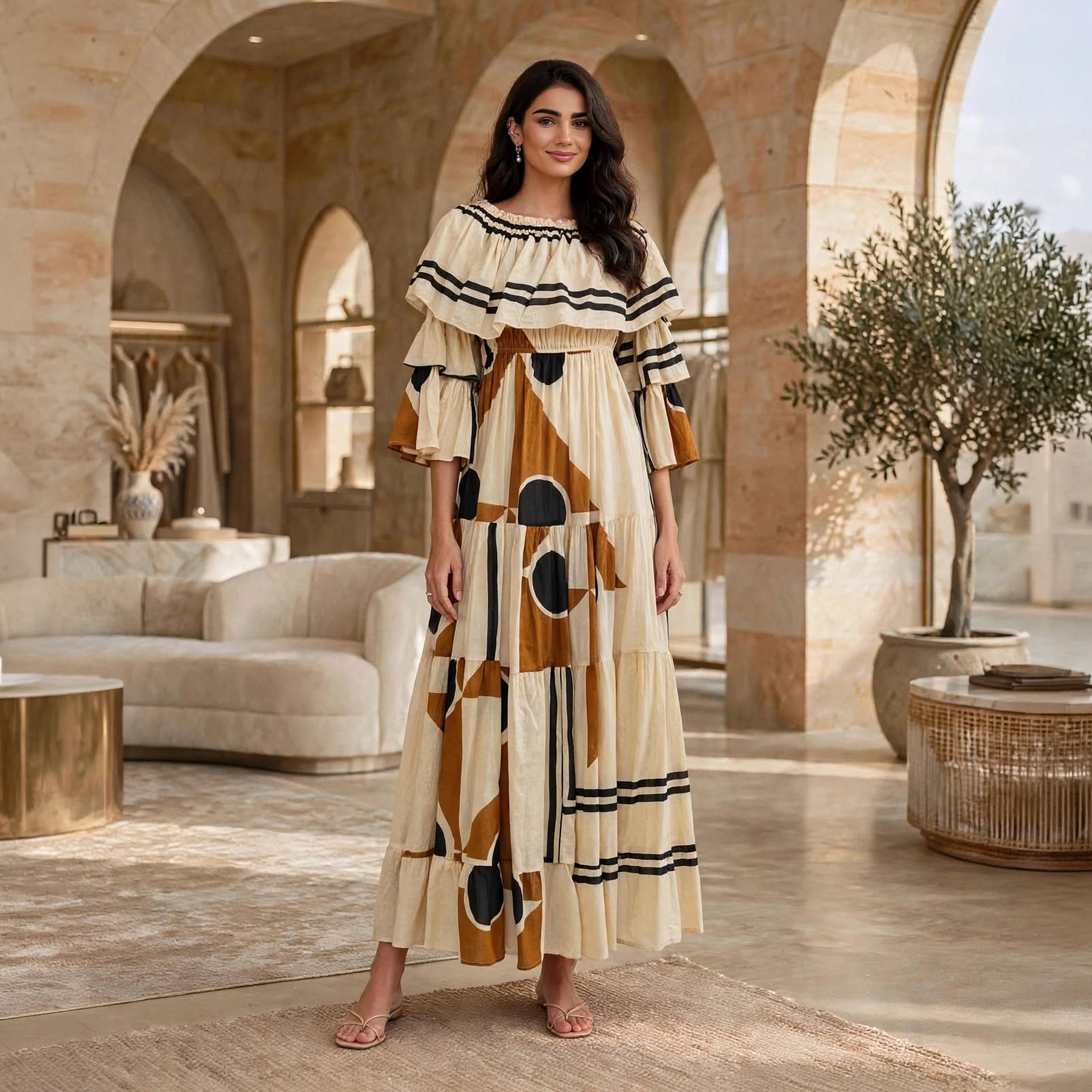 IKKXA Beige Geometric Colour Block Ruffle Flared Sleeves Women's Tiered Jalabiya-women-arabicclothing-dresses-image-1