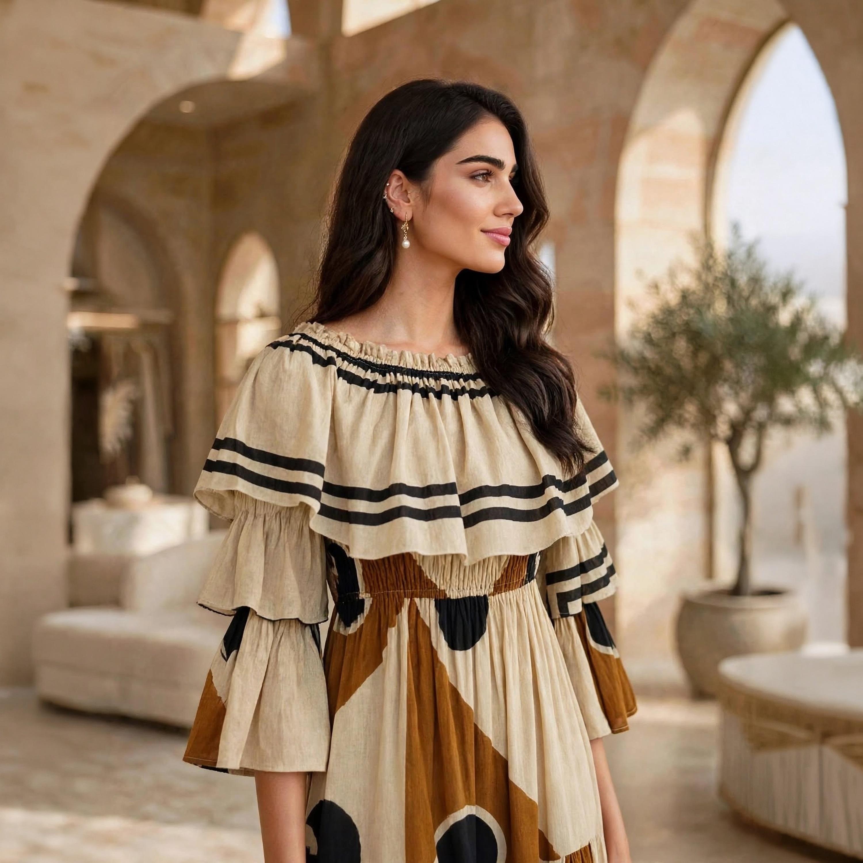 IKKXA Beige Geometric Colour Block Ruffle Flared Sleeves Women's Tiered Jalabiya-women-arabicclothing-dresses-image-2