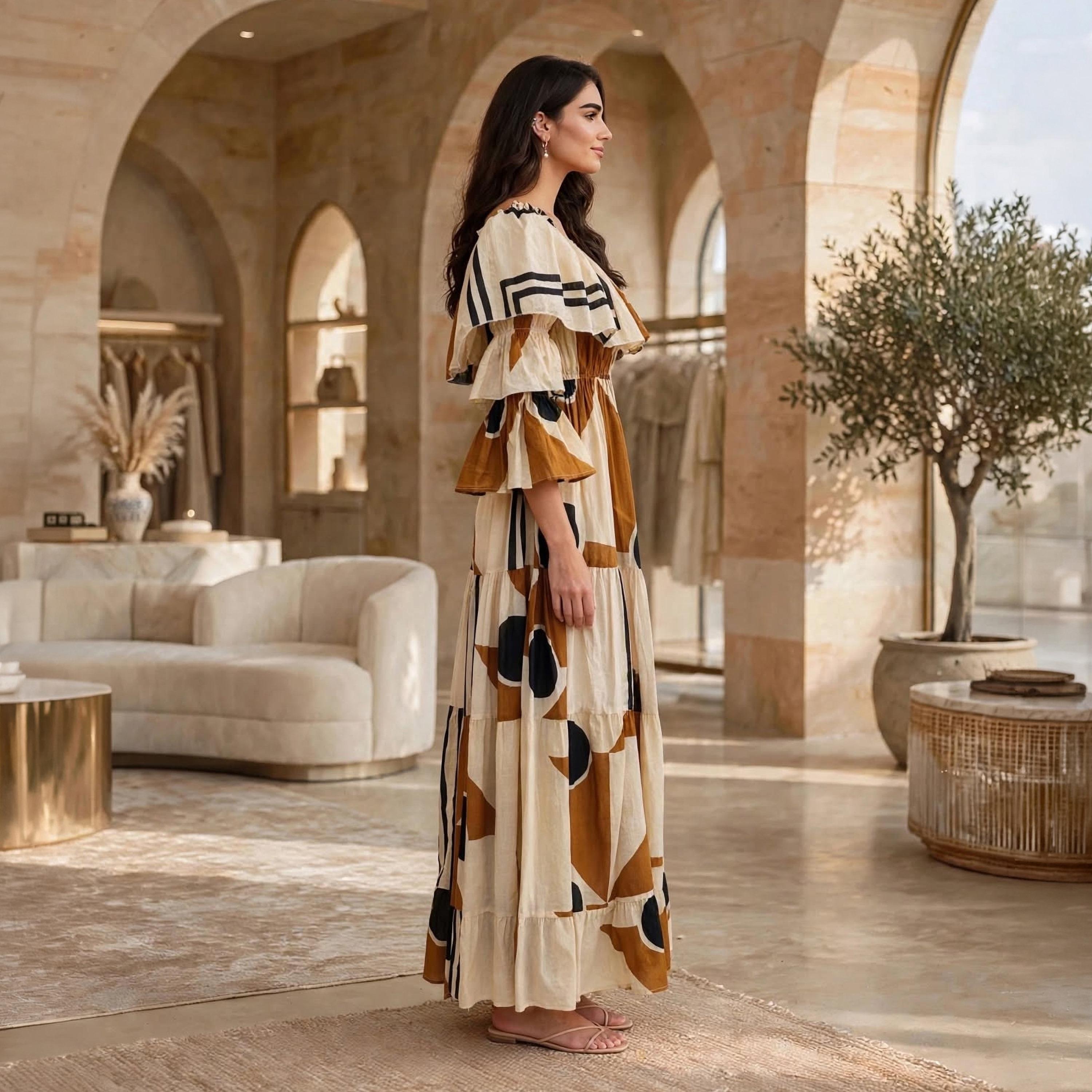 جلابية حريمي بطبقات بنقشة هندسية بيج بألوان متباينة وكشكشة وأكمام واسعة من إيكسا-women-arabicclothing-dresses-image-3