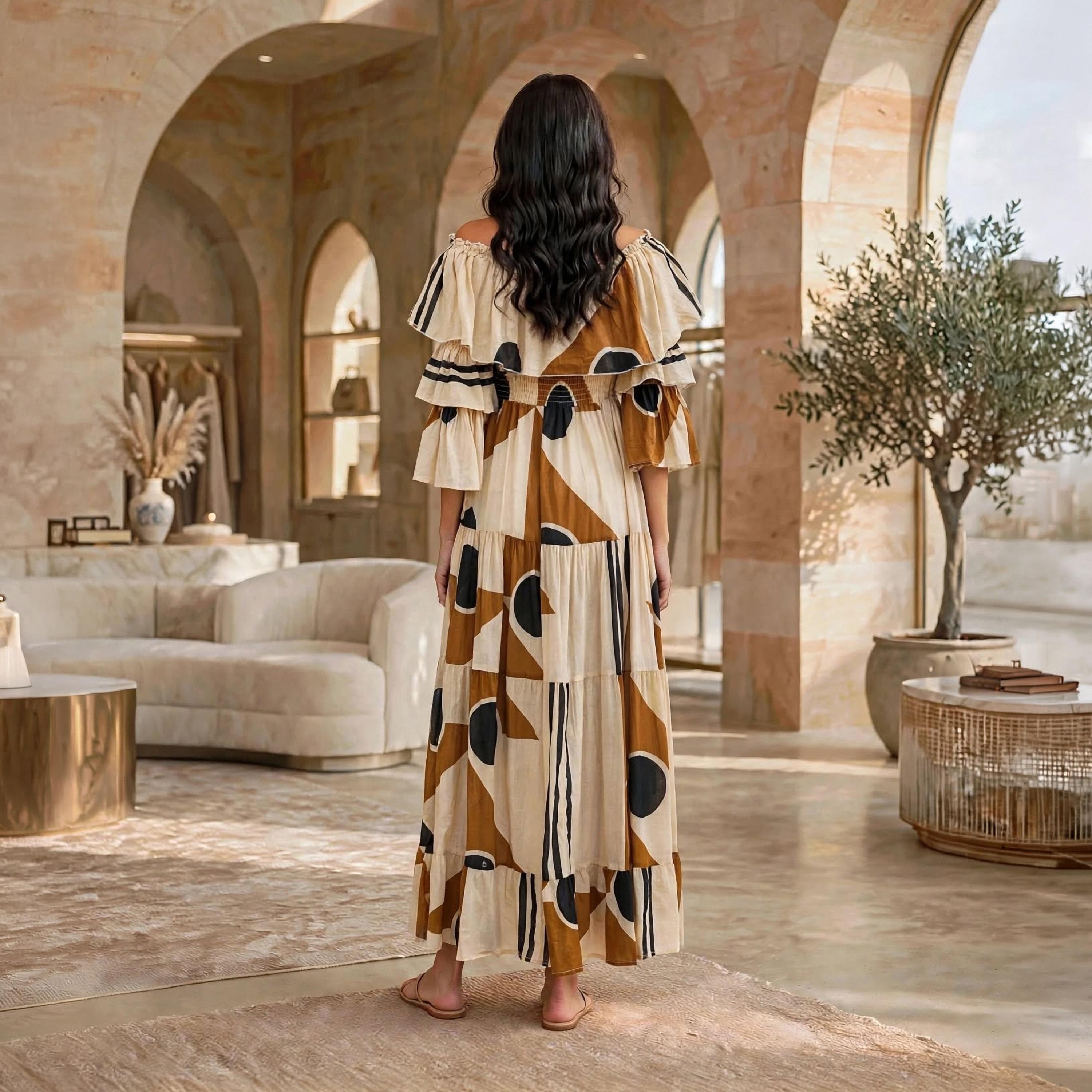 جلابية حريمي بطبقات بنقشة هندسية بيج بألوان متباينة وكشكشة وأكمام واسعة من إيكسا-women-arabicclothing-dresses-image-5