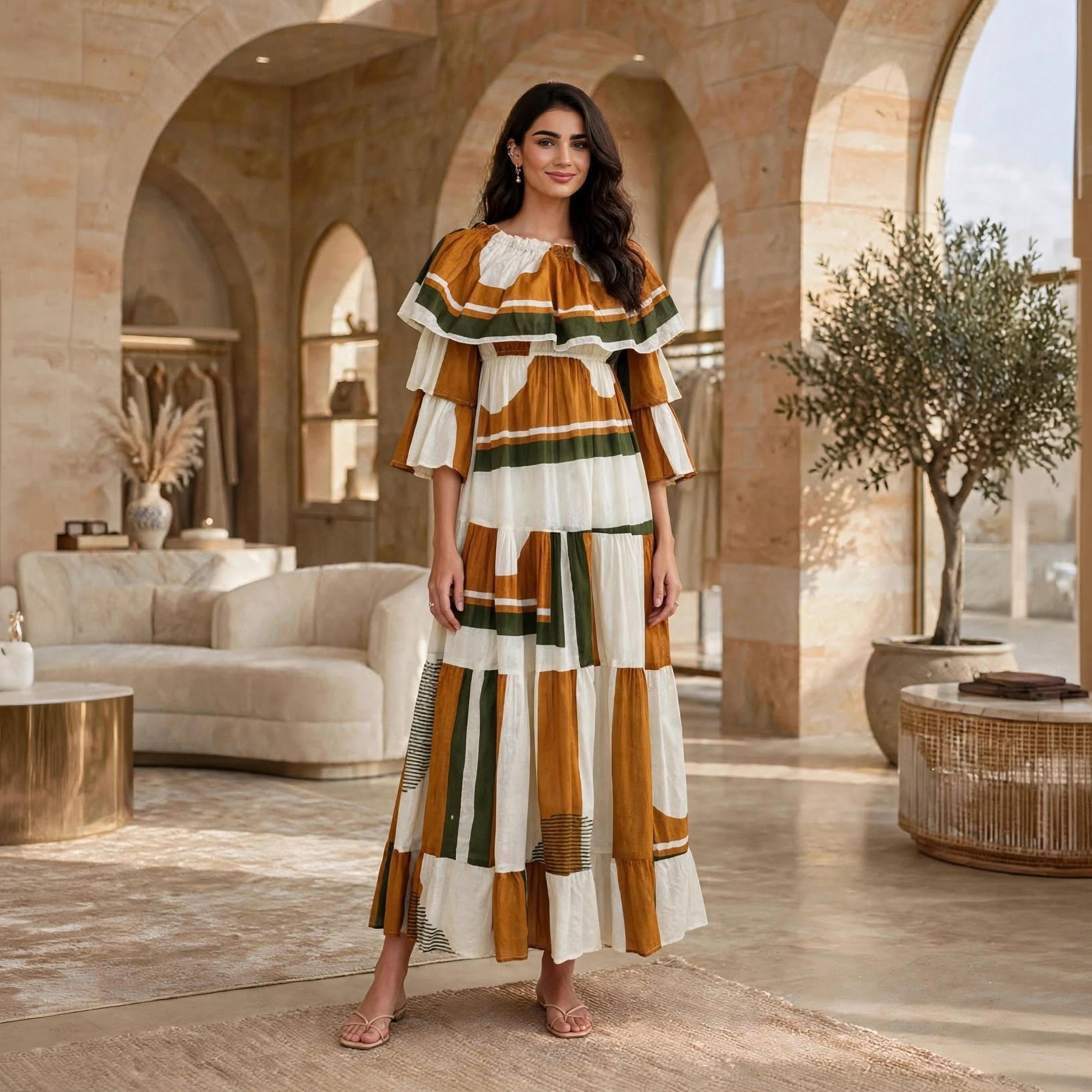 IKKXA White Geometric Colour Block Ruffle Flared Sleeves Women's Tiered Jalabiya-women-arabicclothing-dresses-image-1