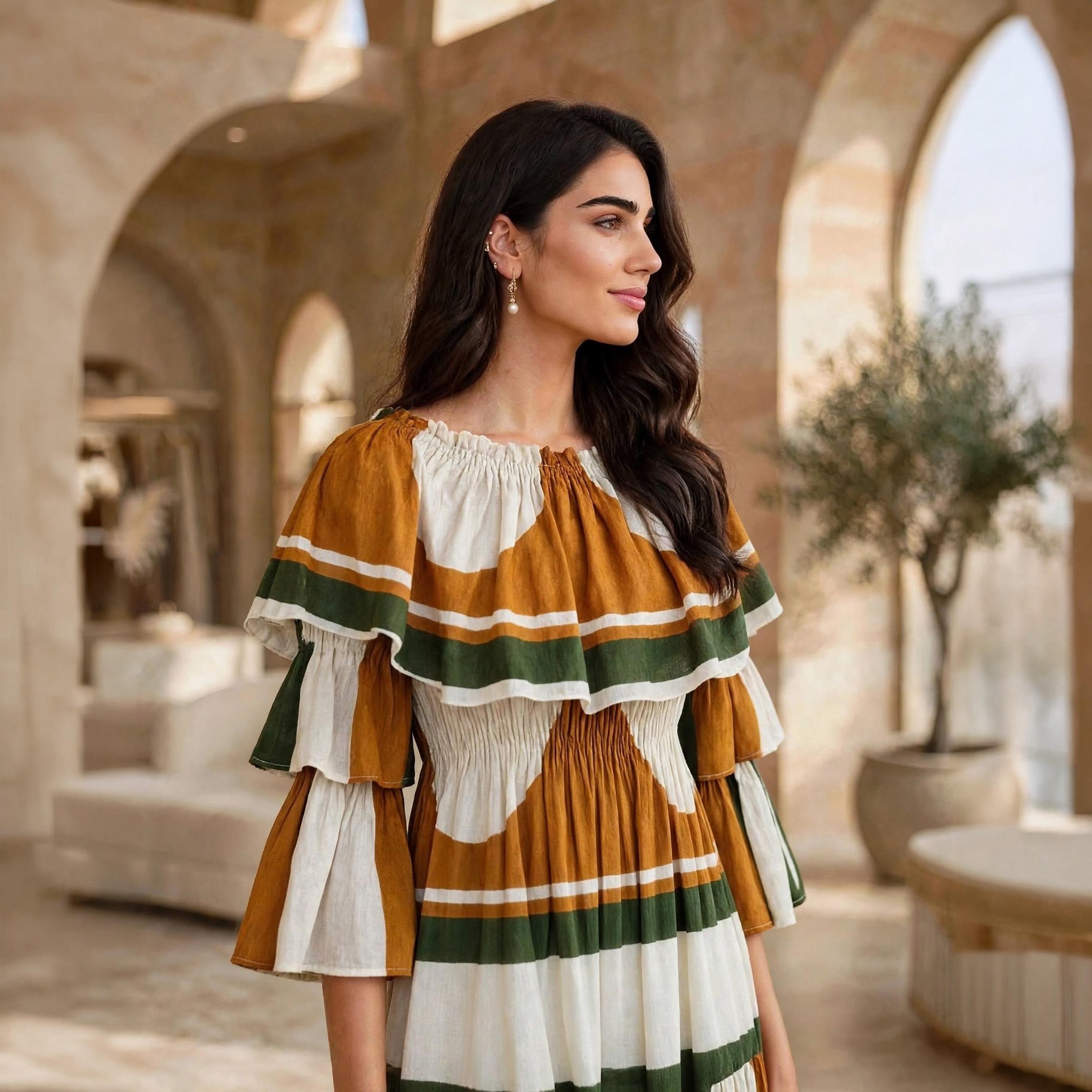 IKKXA White Geometric Colour Block Ruffle Flared Sleeves Women's Tiered Jalabiya-women-arabicclothing-dresses-image-2
