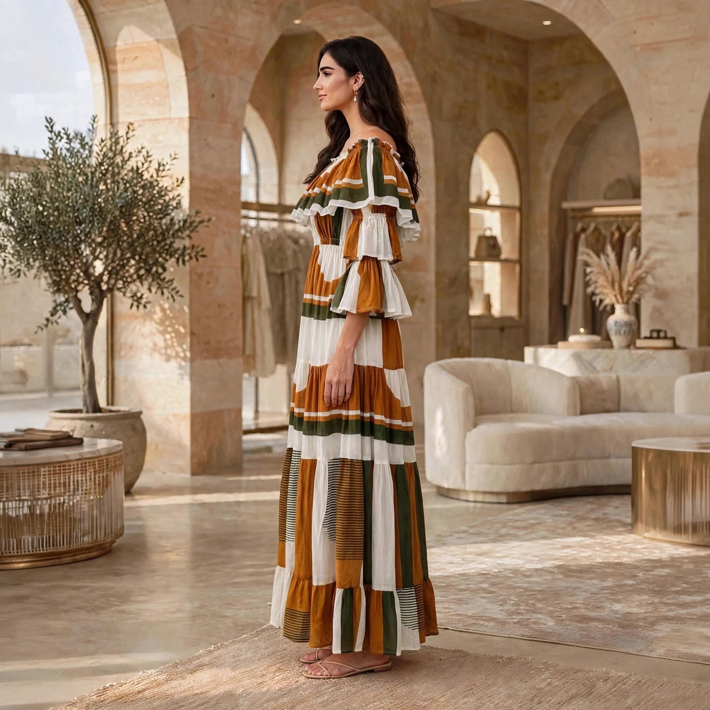 IKKXA White Geometric Colour Block Ruffle Flared Sleeves Women's Tiered Jalabiya-women-arabicclothing-dresses-image-3