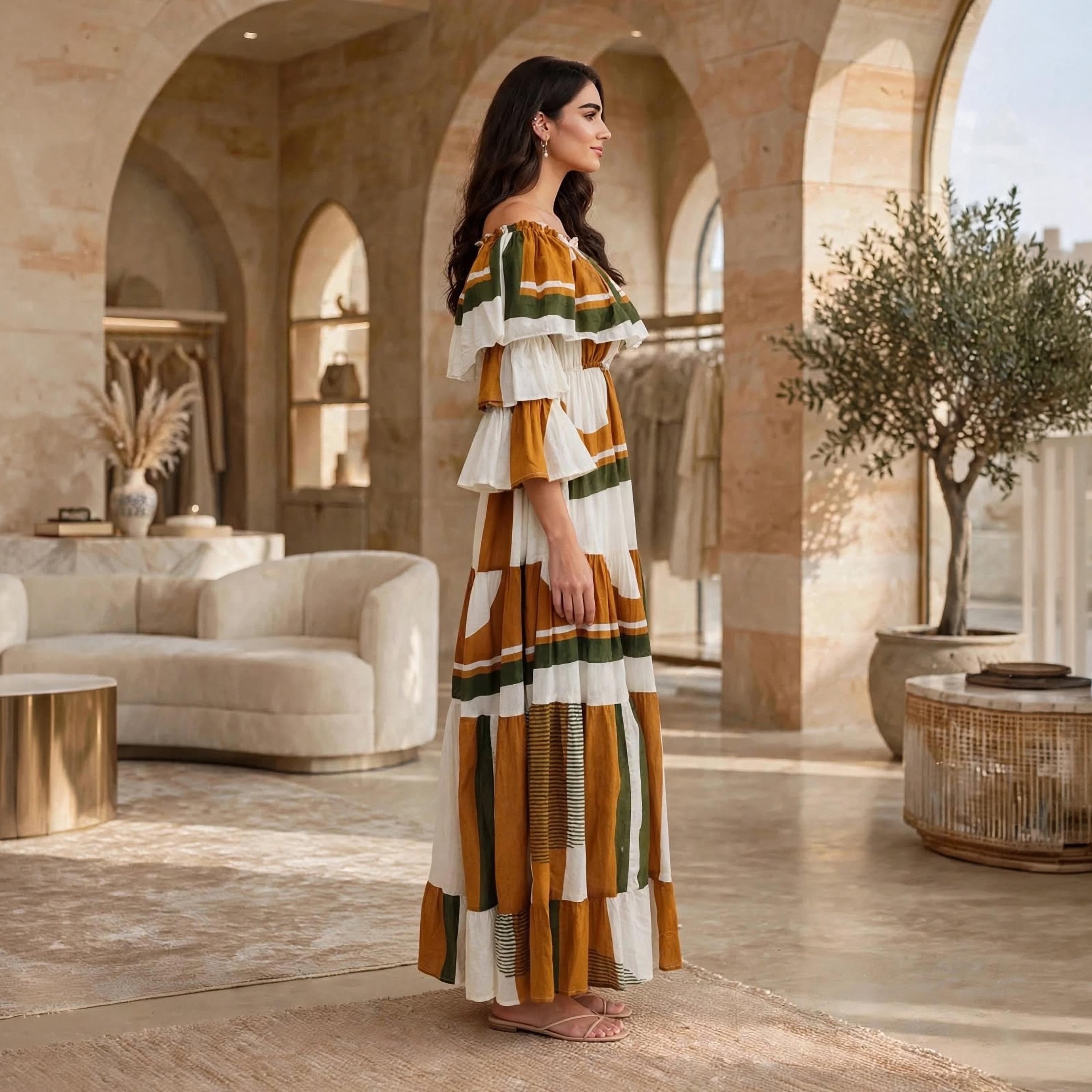 IKKXA White Geometric Colour Block Ruffle Flared Sleeves Women's Tiered Jalabiya-women-arabicclothing-dresses-image-4