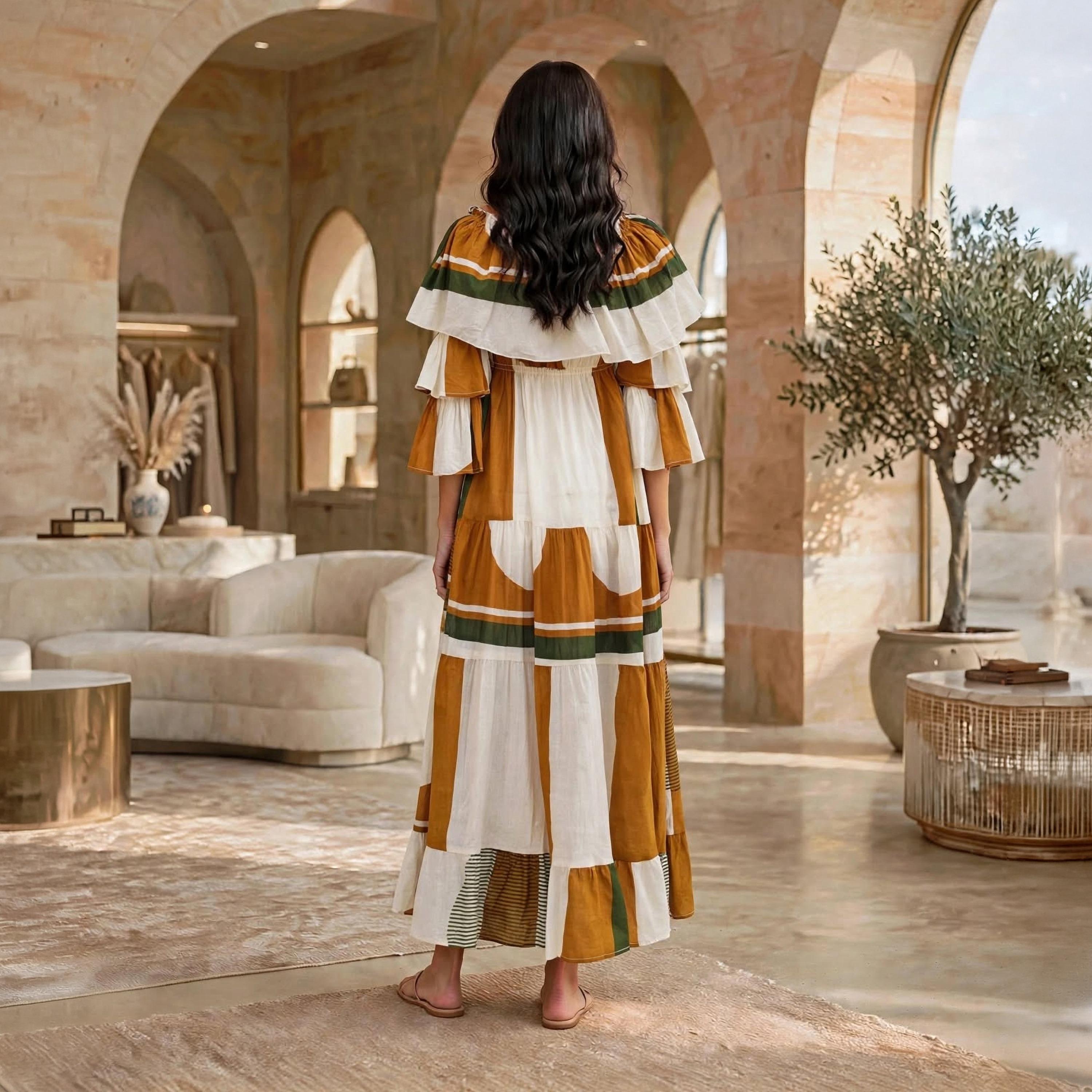IKKXA White Geometric Colour Block Ruffle Flared Sleeves Women's Tiered Jalabiya-women-arabicclothing-dresses-image-5