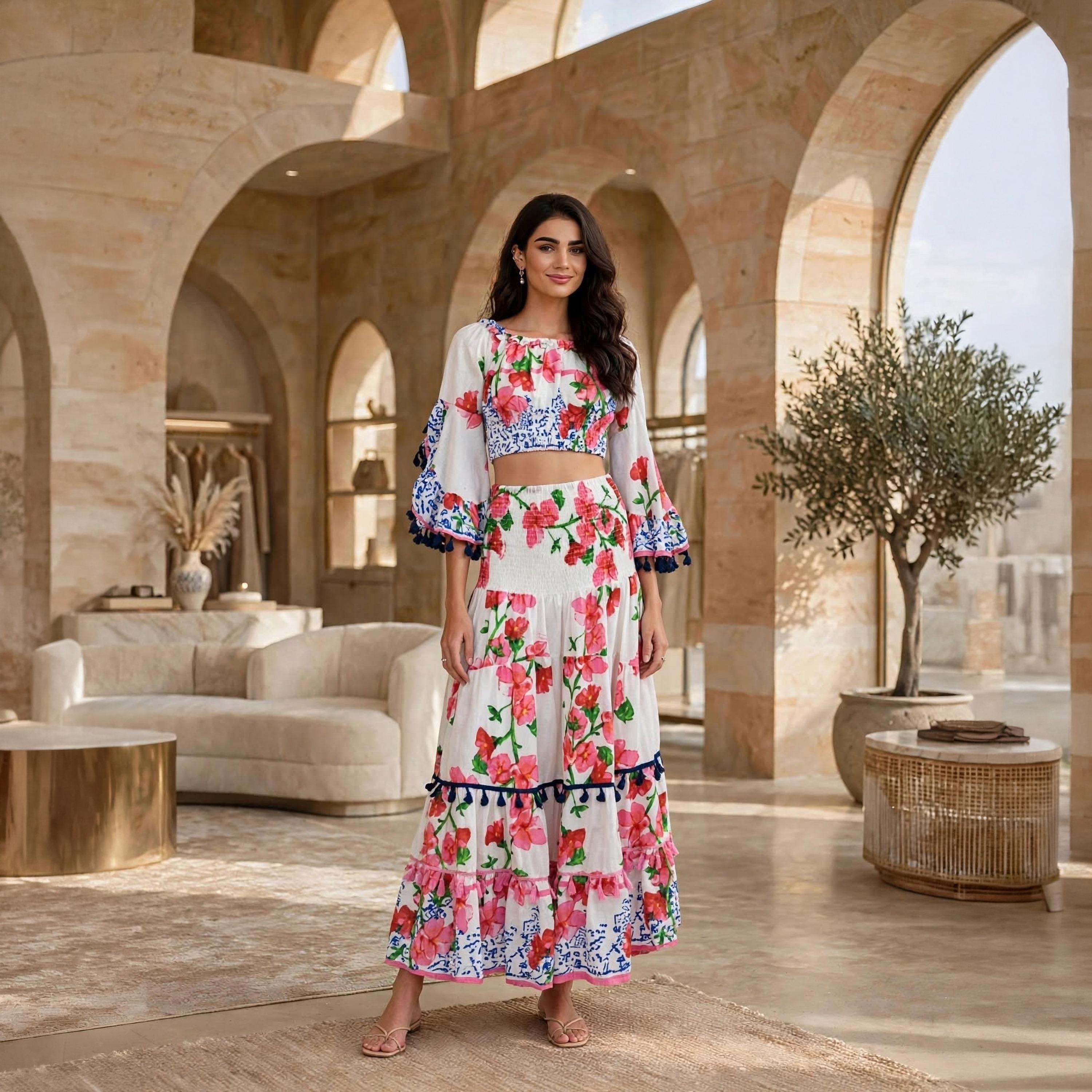 طقم توب كروب وتنورة طبقات حريمي بطبعة زهور الأبيض وأشرطة شراشيب وأكمام واسعة من إيكسا-women-arabicclothing-sets-image-1