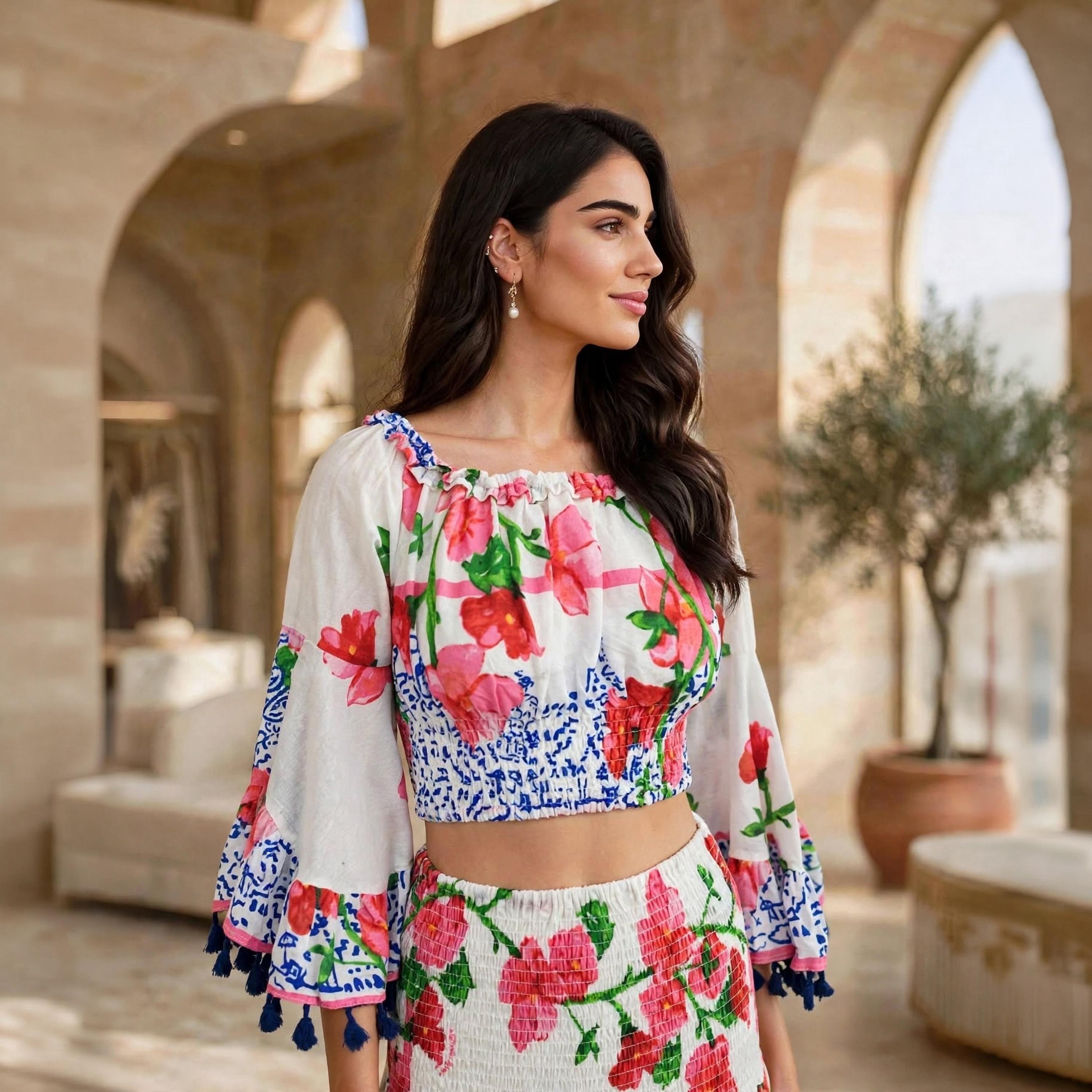IKKXA White Floral Print Tassel Trim Flared Sleeves Women's Crop Top & Tiered Skirt Set-women-arabicclothing-sets-image-2