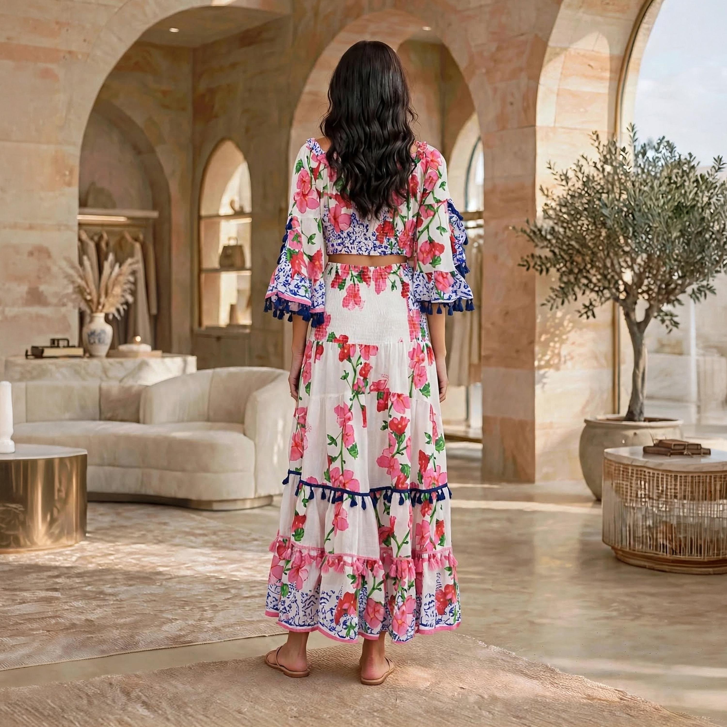IKKXA White Floral Print Tassel Trim Flared Sleeves Women's Crop Top & Tiered Skirt Set-women-arabicclothing-sets-image-5