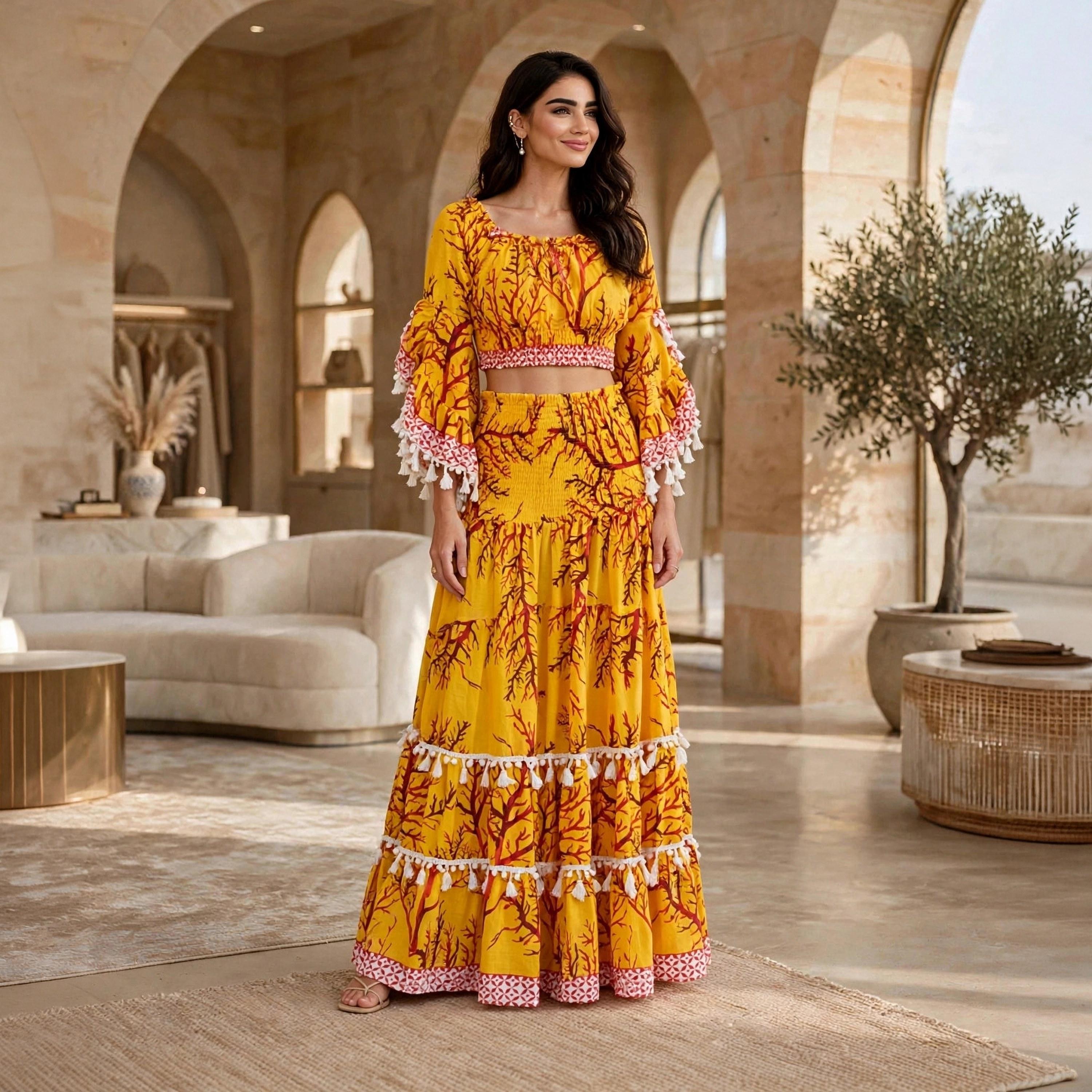 طقم توب كروب وتنورة طبقات حريمي أصفر بطبعة مرجان وأشرطة شراشيب وأكمام واسعة من إيكسا-women-arabicclothing-sets-image-1