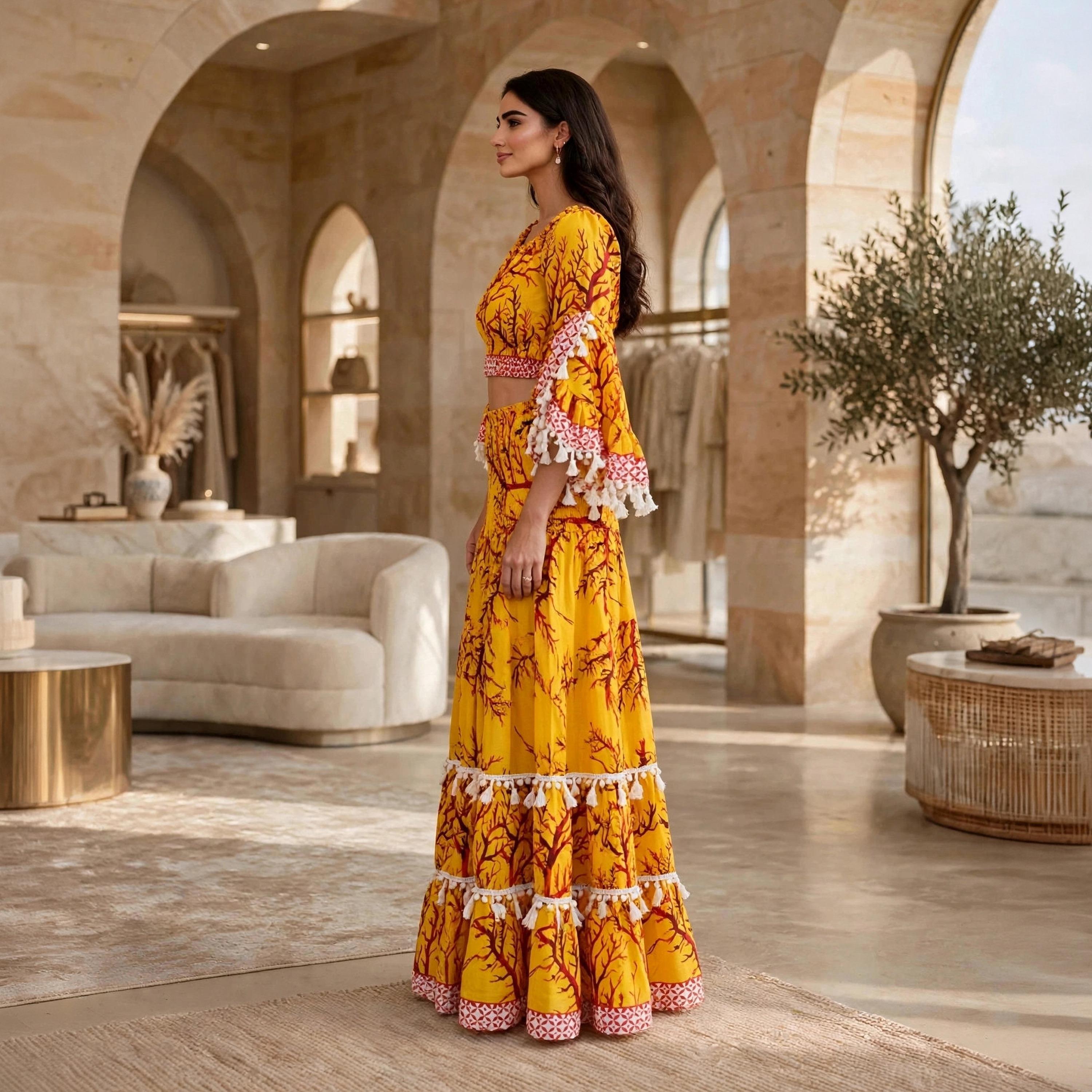 IKKXA Yellow Coral Print Tassel Trim Flared Sleeves Women's Crop Top & Tiered Skirt-women-arabicclothing-sets-image-3