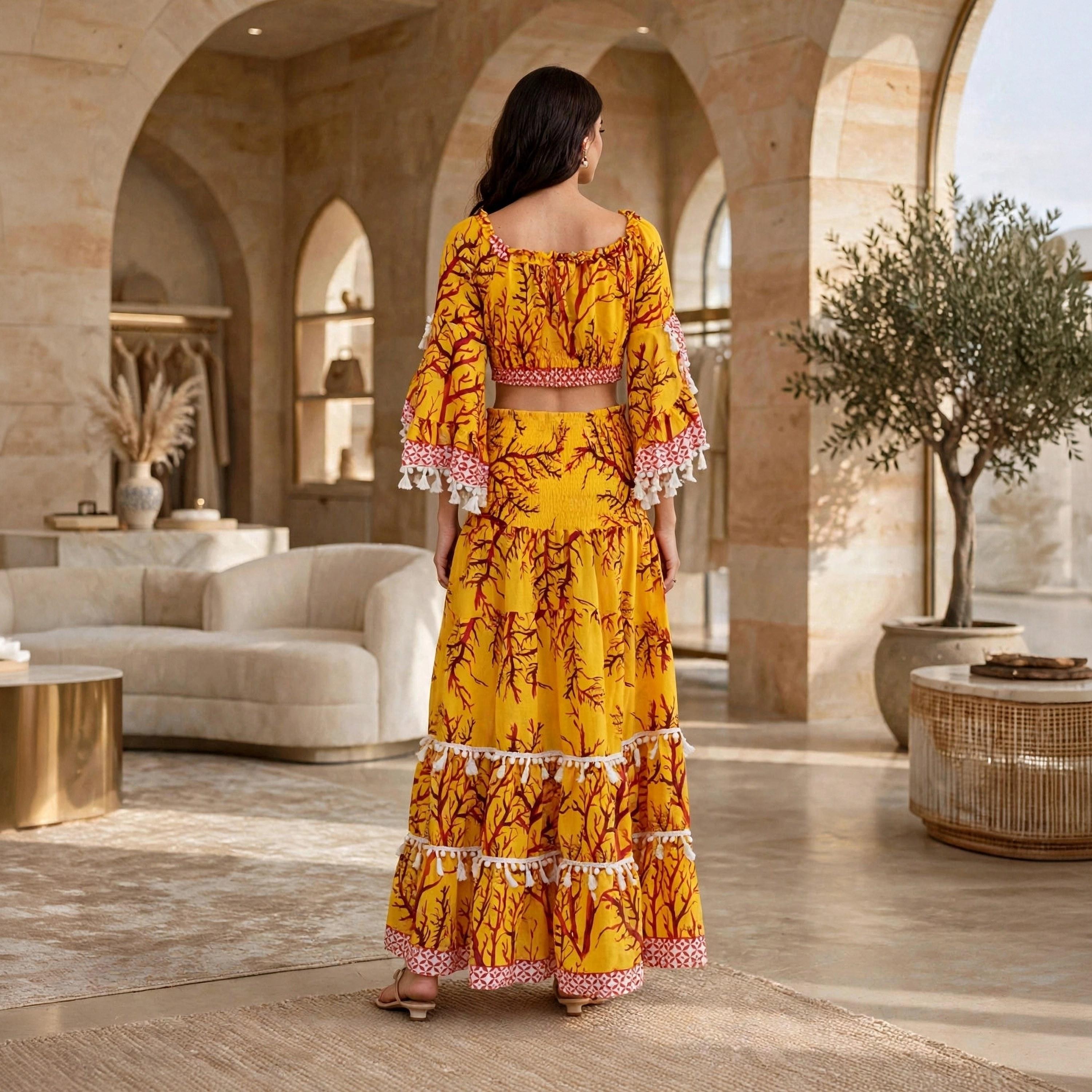 IKKXA Yellow Coral Print Tassel Trim Flared Sleeves Women's Crop Top & Tiered Skirt-women-arabicclothing-sets-image-5