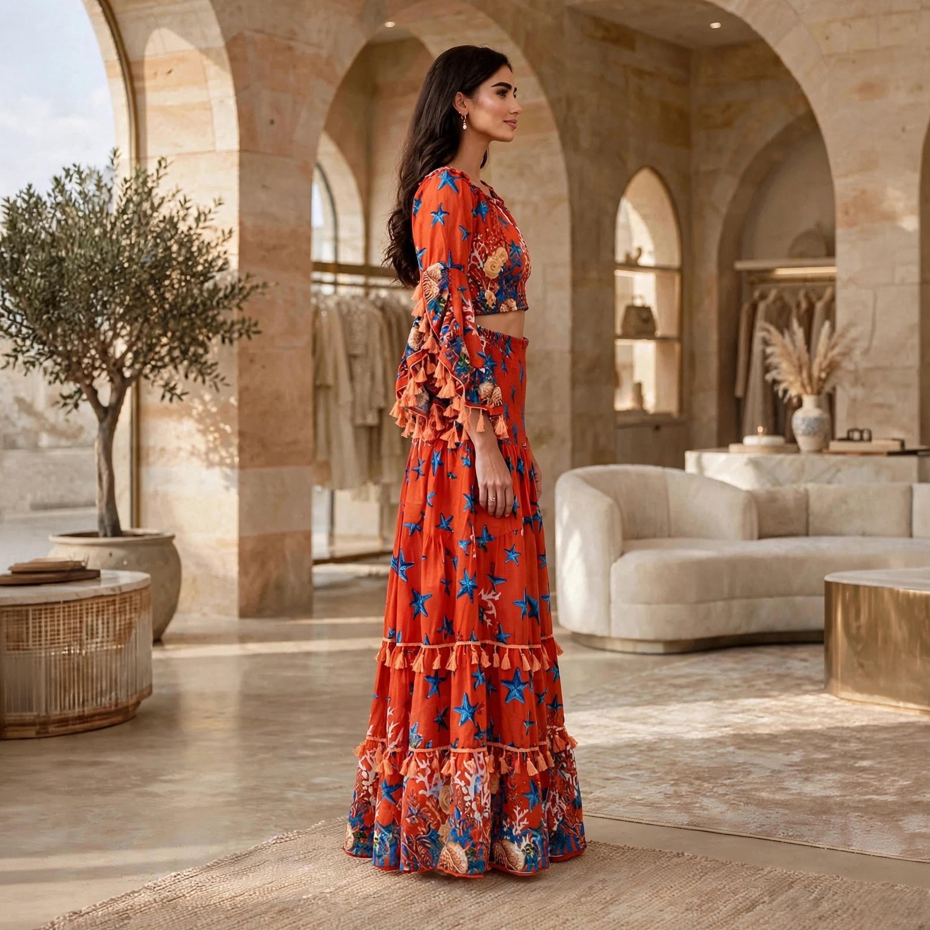 IKKXA Red Coral Starfish Tassel Trim Flared Sleeves Women's Crop Top & Tiered Skirt-women-arabicclothing-sets-image-3