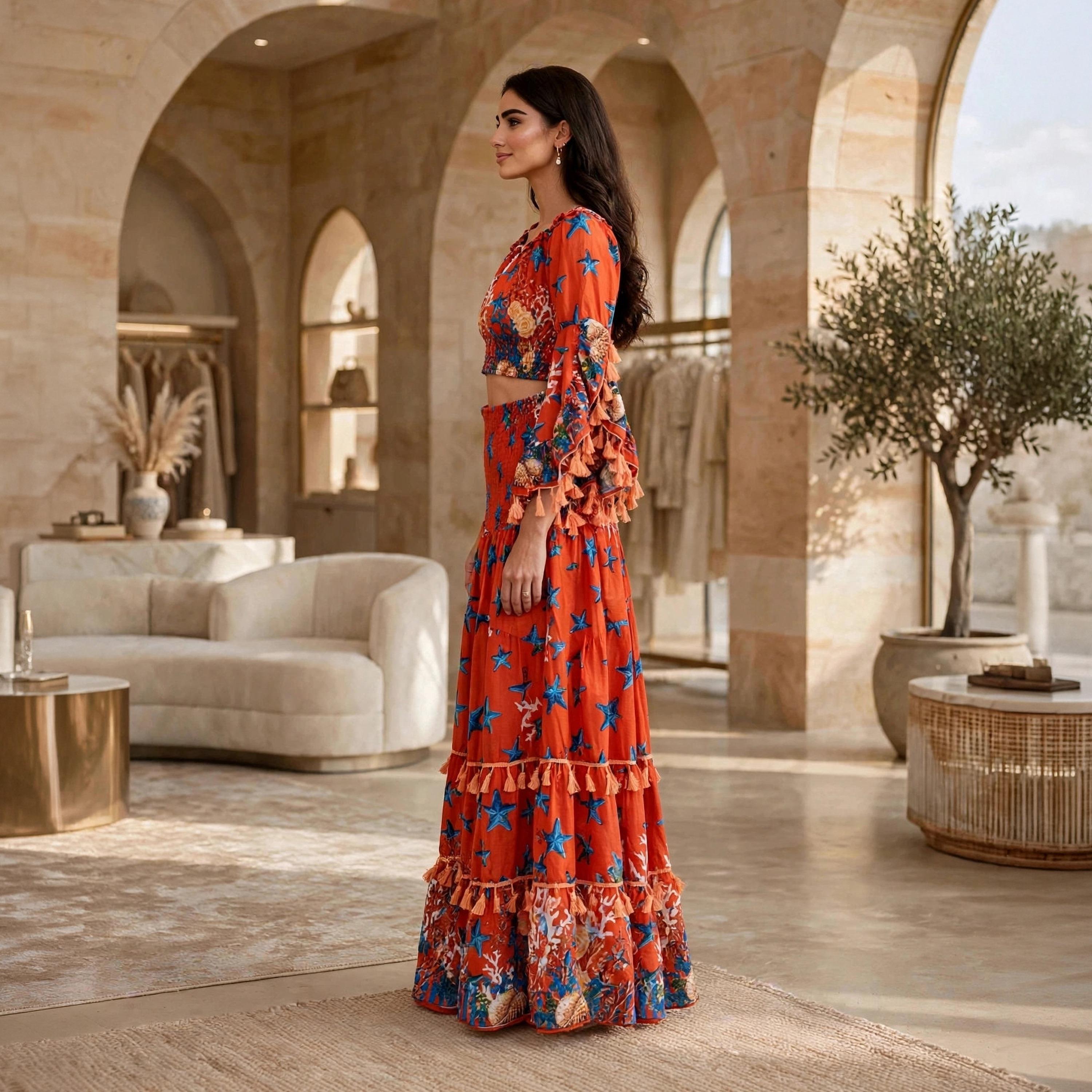 IKKXA Red Coral Starfish Tassel Trim Flared Sleeves Women's Crop Top & Tiered Skirt-women-arabicclothing-sets-image-4