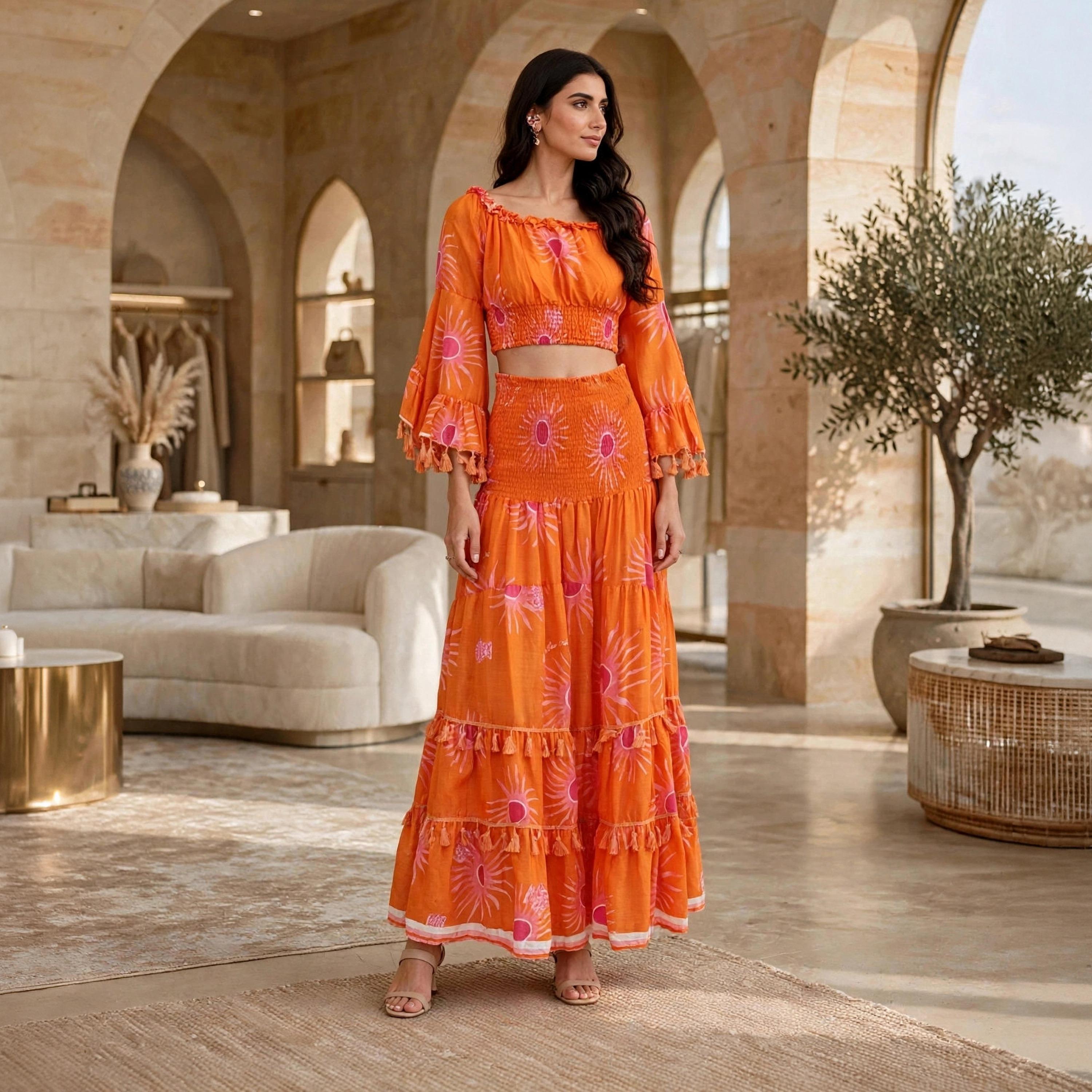 طقم توب كروب وتنورة طبقات حريمي بطبعة شمس برتقالي وأكمام واسعة وشراشيب من إيكسا-women-arabicclothing-sets-image-1