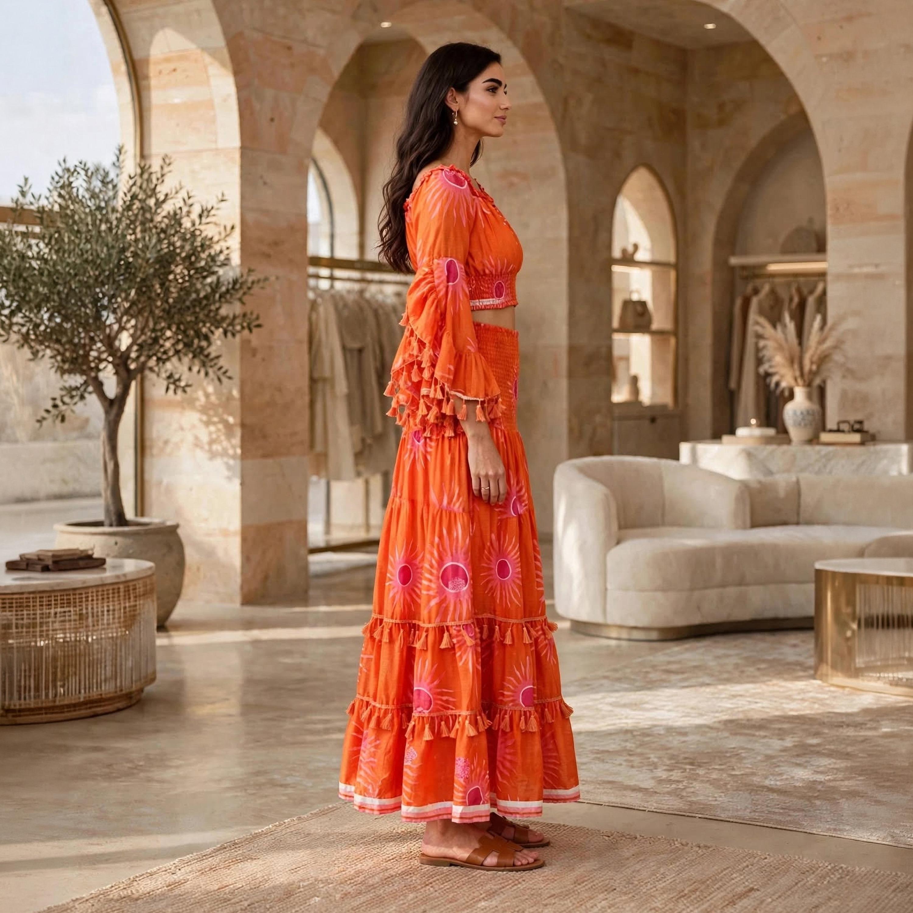 IKKXA Orange Sunburst Print Tassel Trim Flared Sleeves Women's Crop Top & Tiered Skirt-women-arabicclothing-sets-image-4
