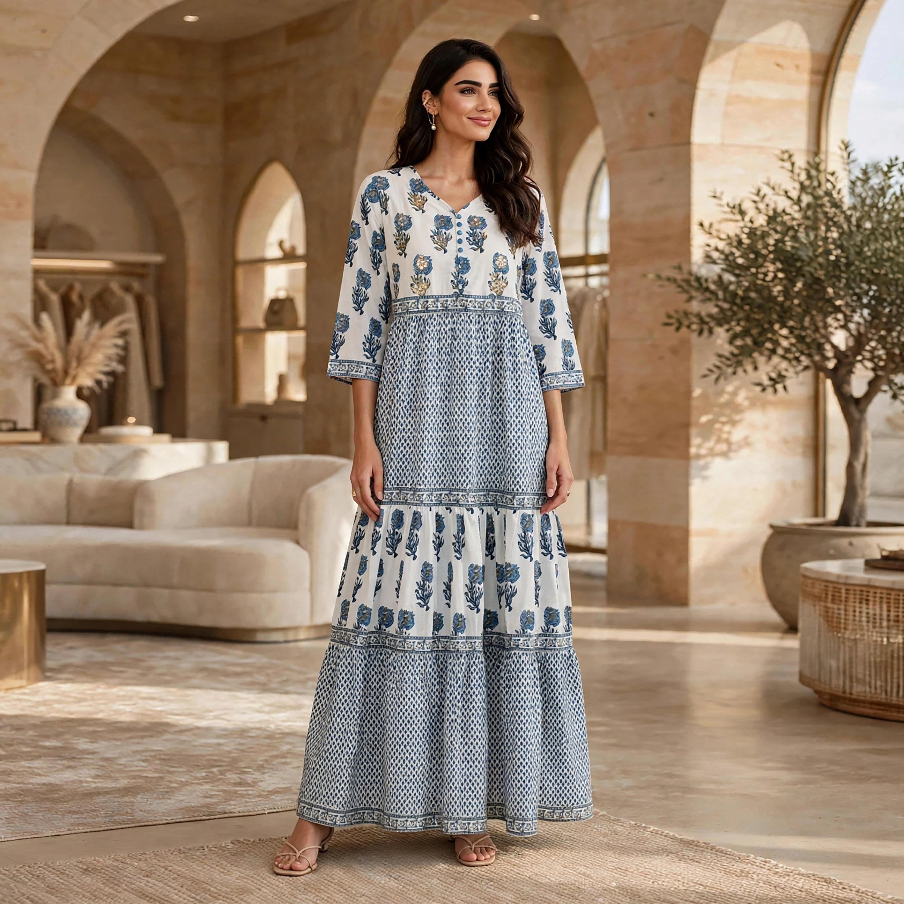 IKKXA Blue Floral Print Women's Tiered Dress-women-clothing-dresses-image-1