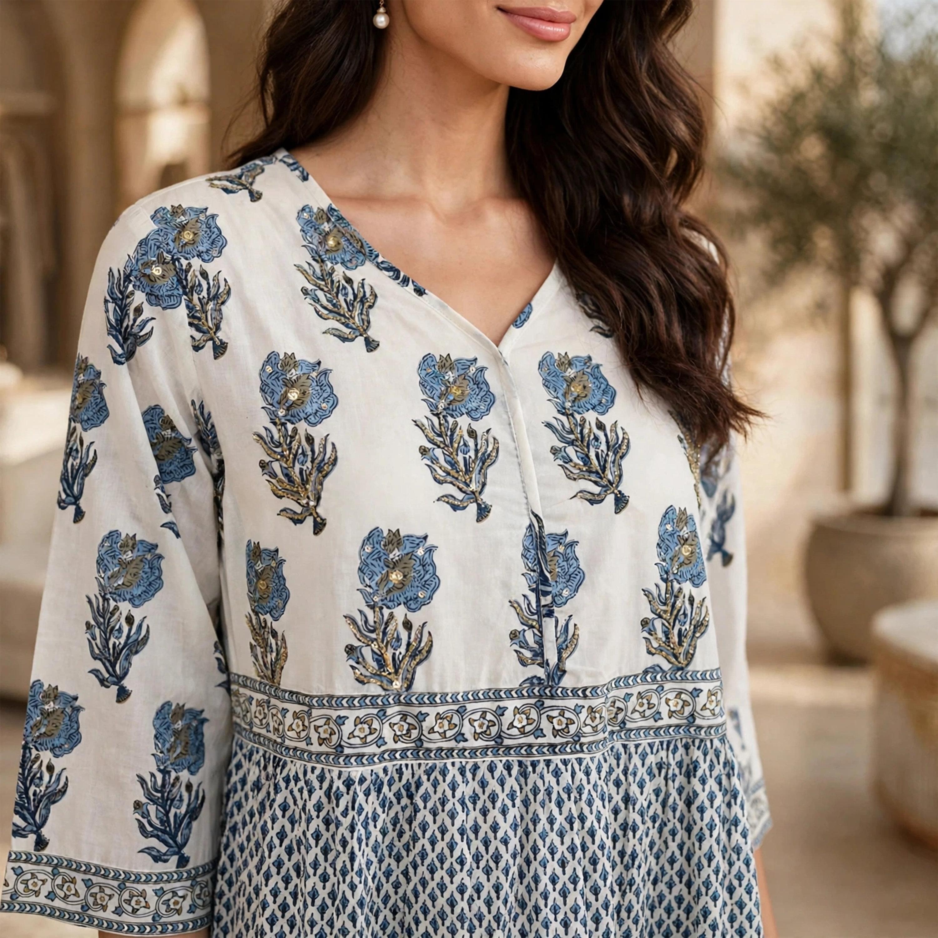 IKKXA Blue Floral Print Women's Tiered Dress-women-clothing-dresses-image-2