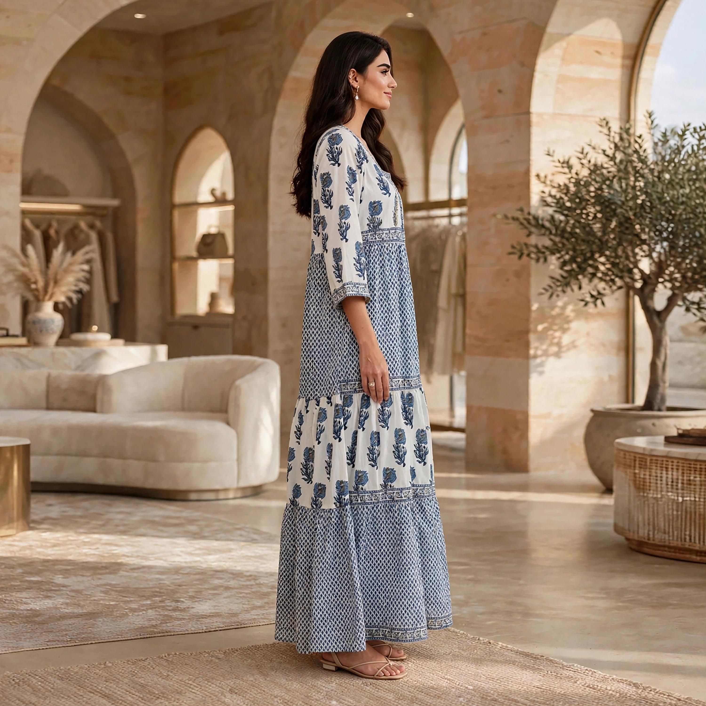 IKKXA Blue Floral Print Women's Tiered Dress-women-clothing-dresses-image-3