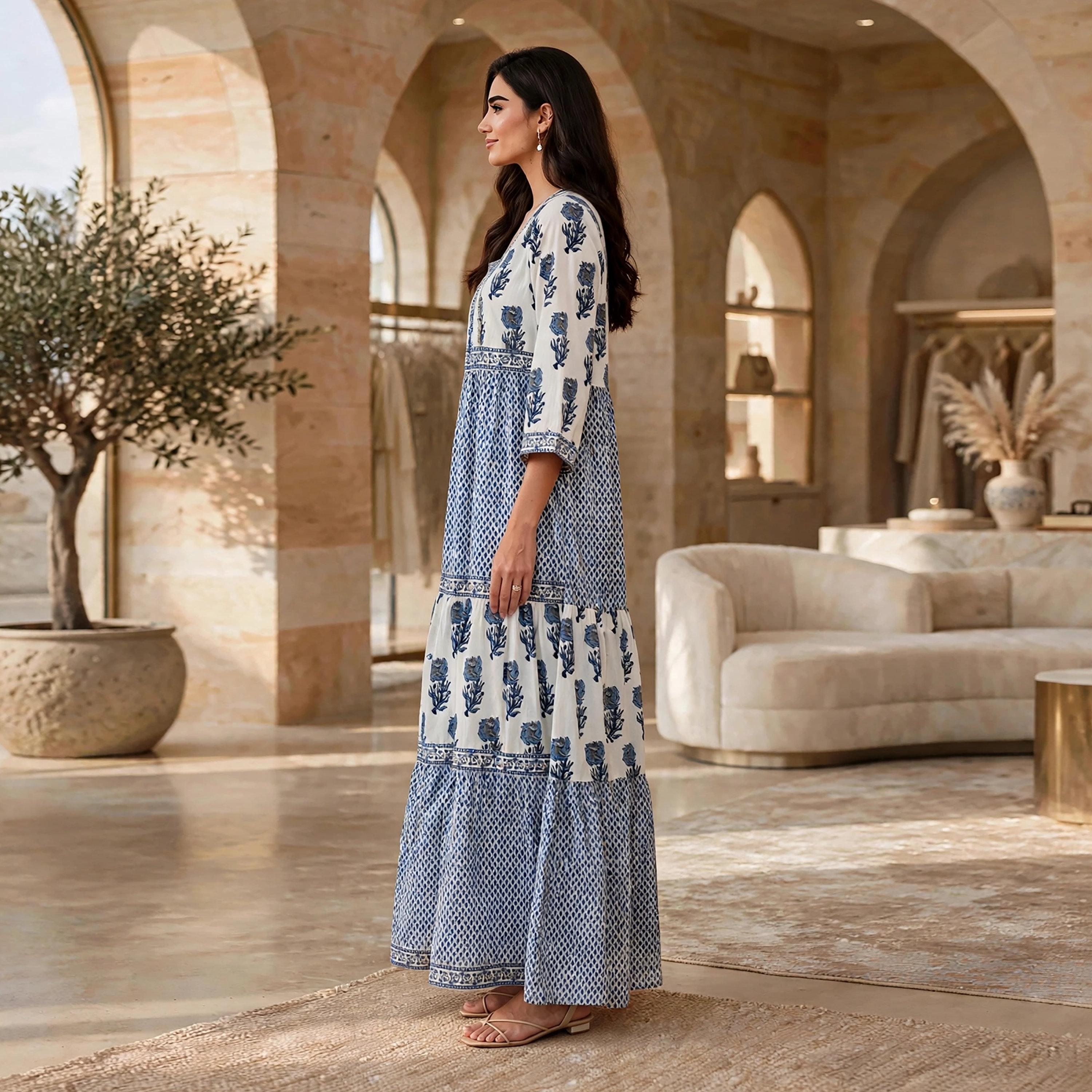 IKKXA Blue Floral Print Women's Tiered Dress-women-clothing-dresses-image-4
