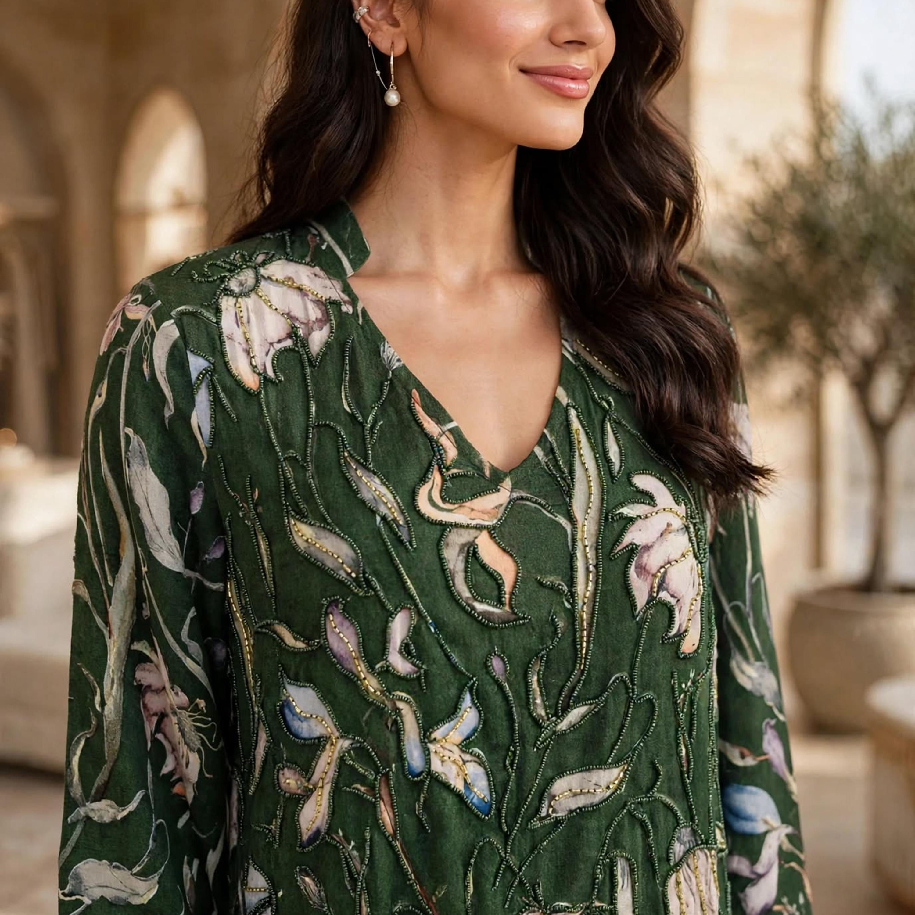 IKKXA Green Beaded Floral Mandarin Collar Bell Sleeves Women's Fit & Flared Dress-women-clothing-dresses-image-2