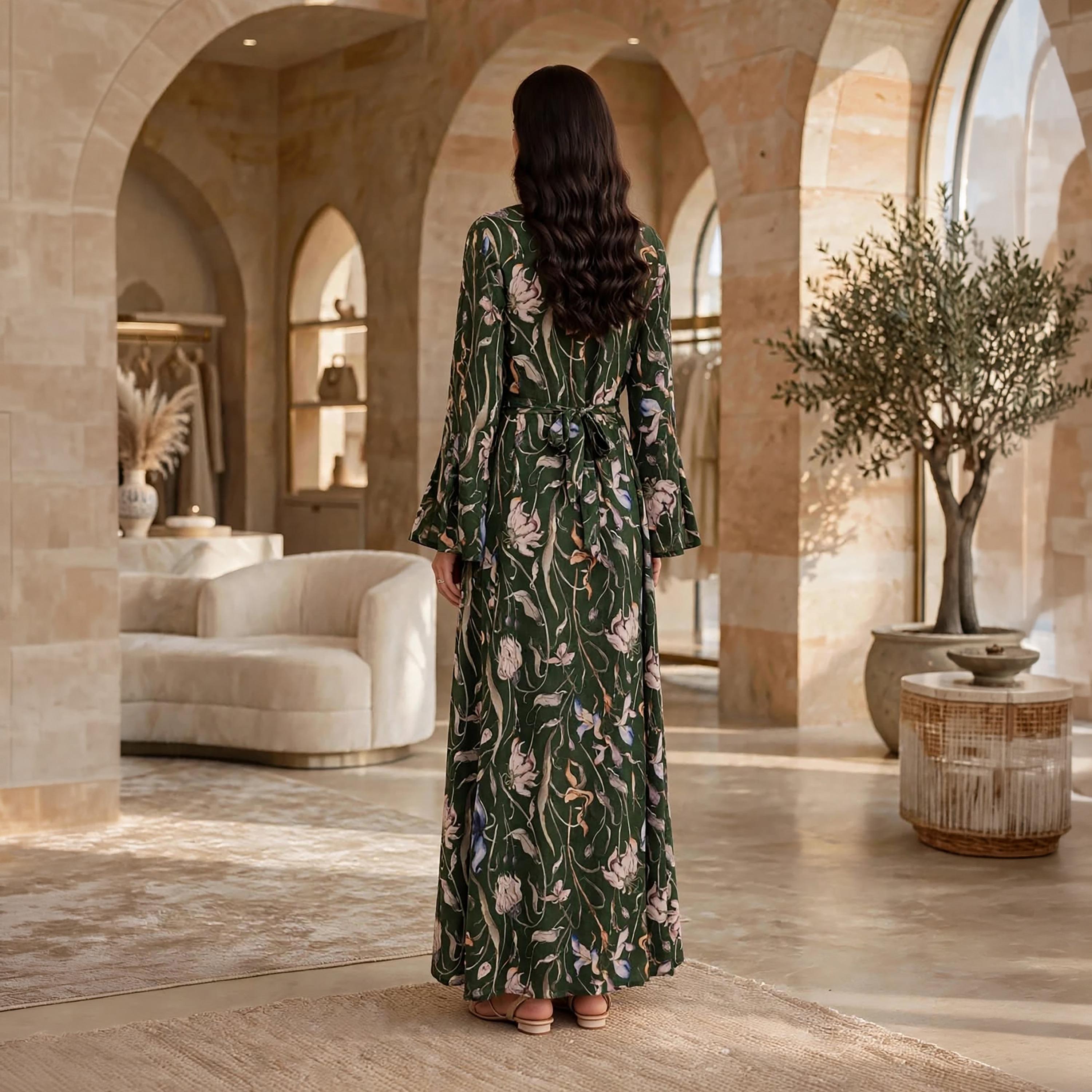 IKKXA Green Beaded Floral Mandarin Collar Bell Sleeves Women's Fit & Flared Dress-women-clothing-dresses-image-5