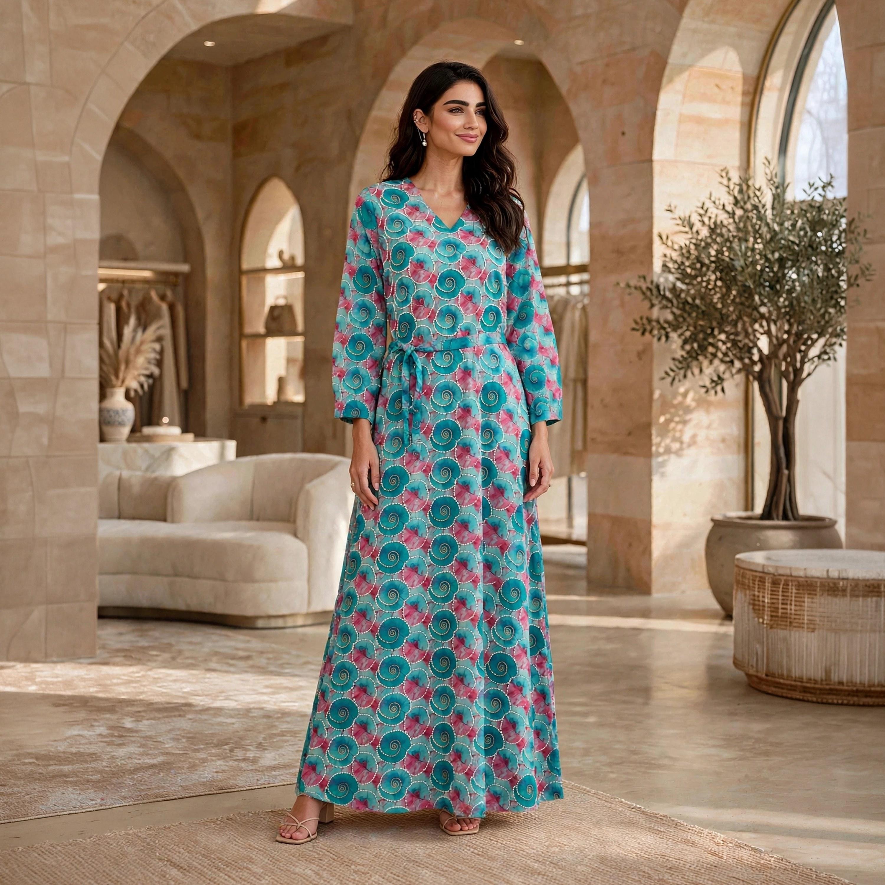 فستان حريمي مزخرف بنقشات دوامية بحزام من إيكسا-women-clothing-dresses-image-1
