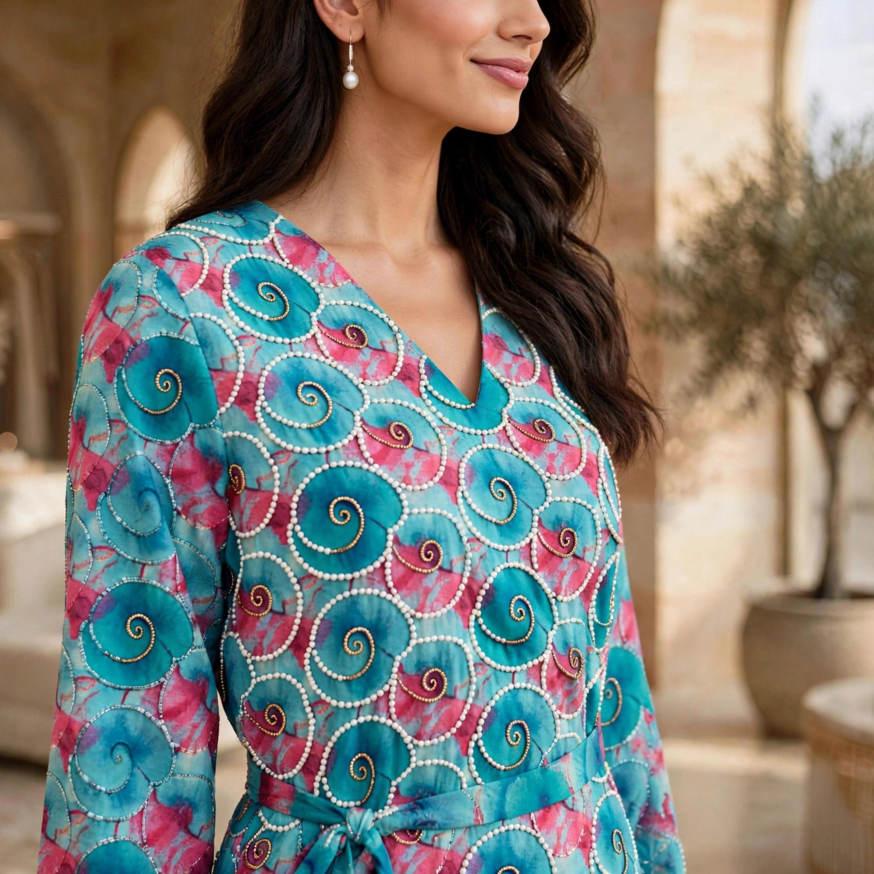 فستان حريمي مزخرف بنقشات دوامية بحزام من إيكسا-women-clothing-dresses-image-2