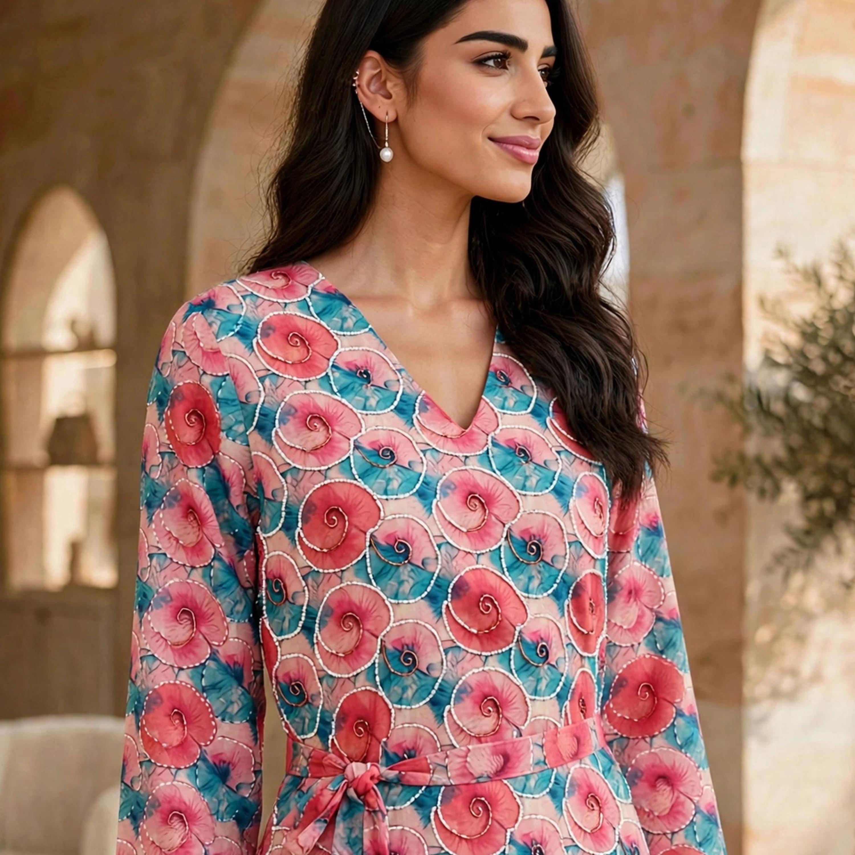 فستان حريمي مزخرف بنقشات دوامية بحزام من إيكسا-women-clothing-dresses-image-17