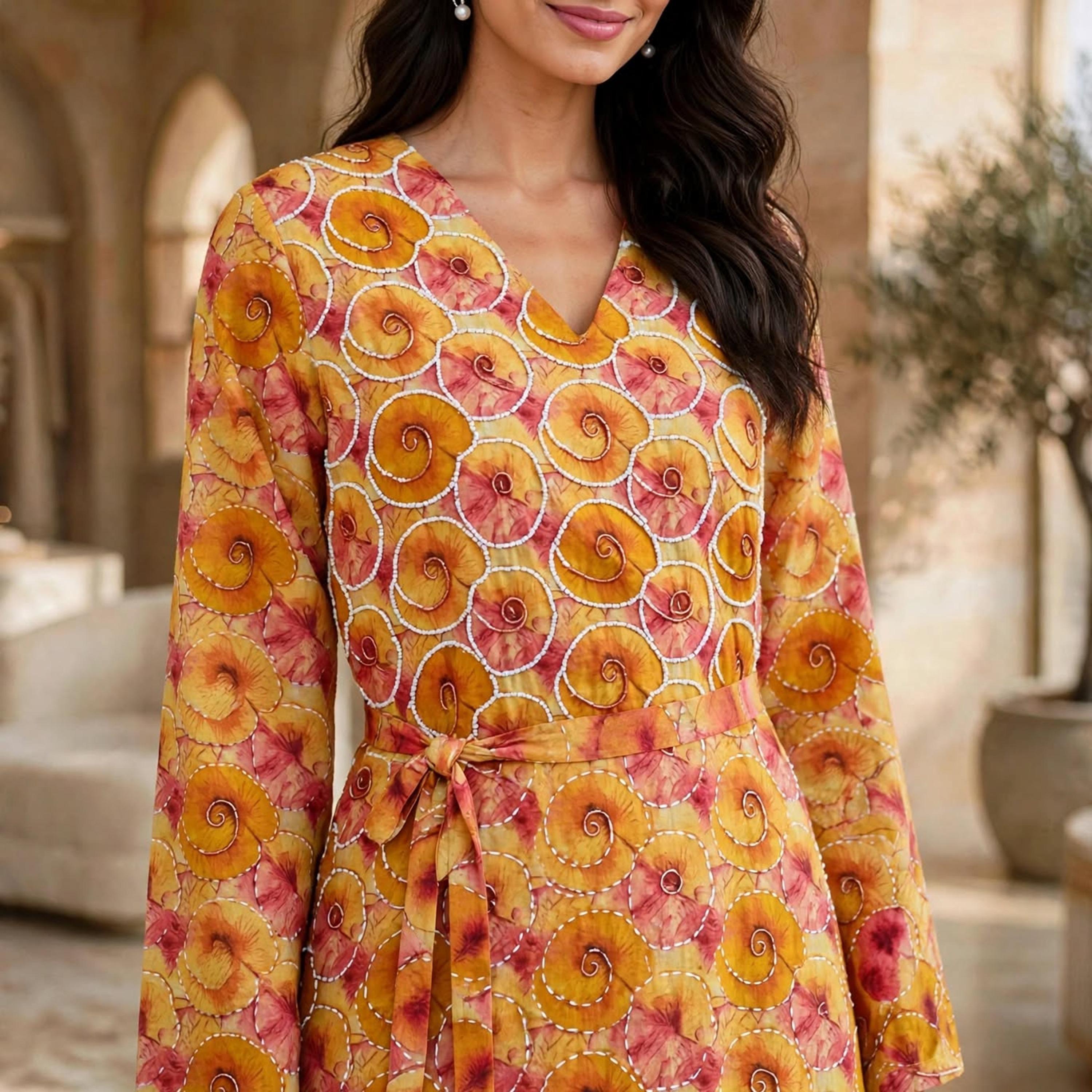 فستان حريمي مزخرف بنقشات دوامية بحزام من إيكسا-women-clothing-dresses-image-2