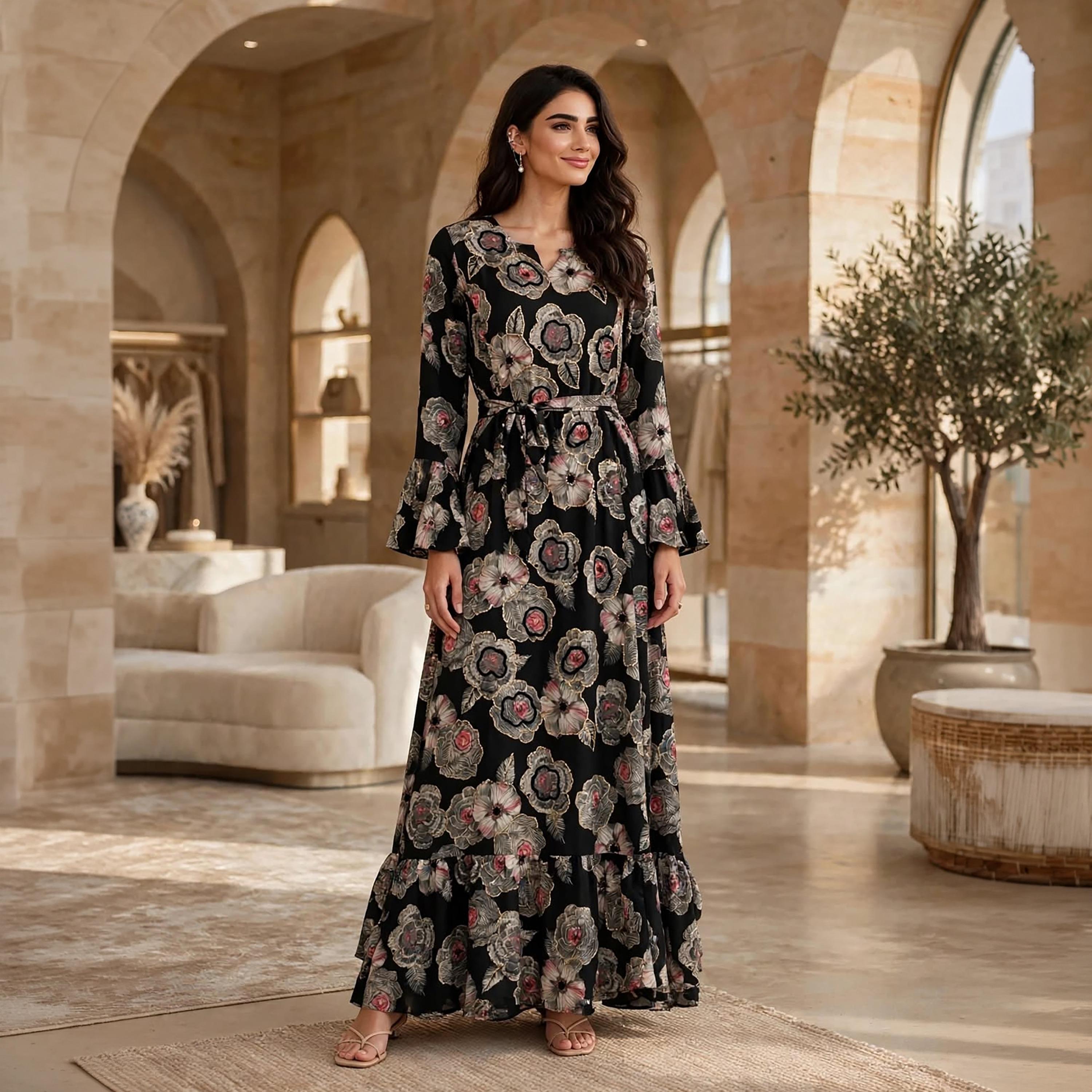 فستان حريمي بقصة ضيقة من الأعلى وواسعة تدريجياً بطبعة زهور وأكمام بكشكشة من إيكسا-women-clothing-dresses-image-11