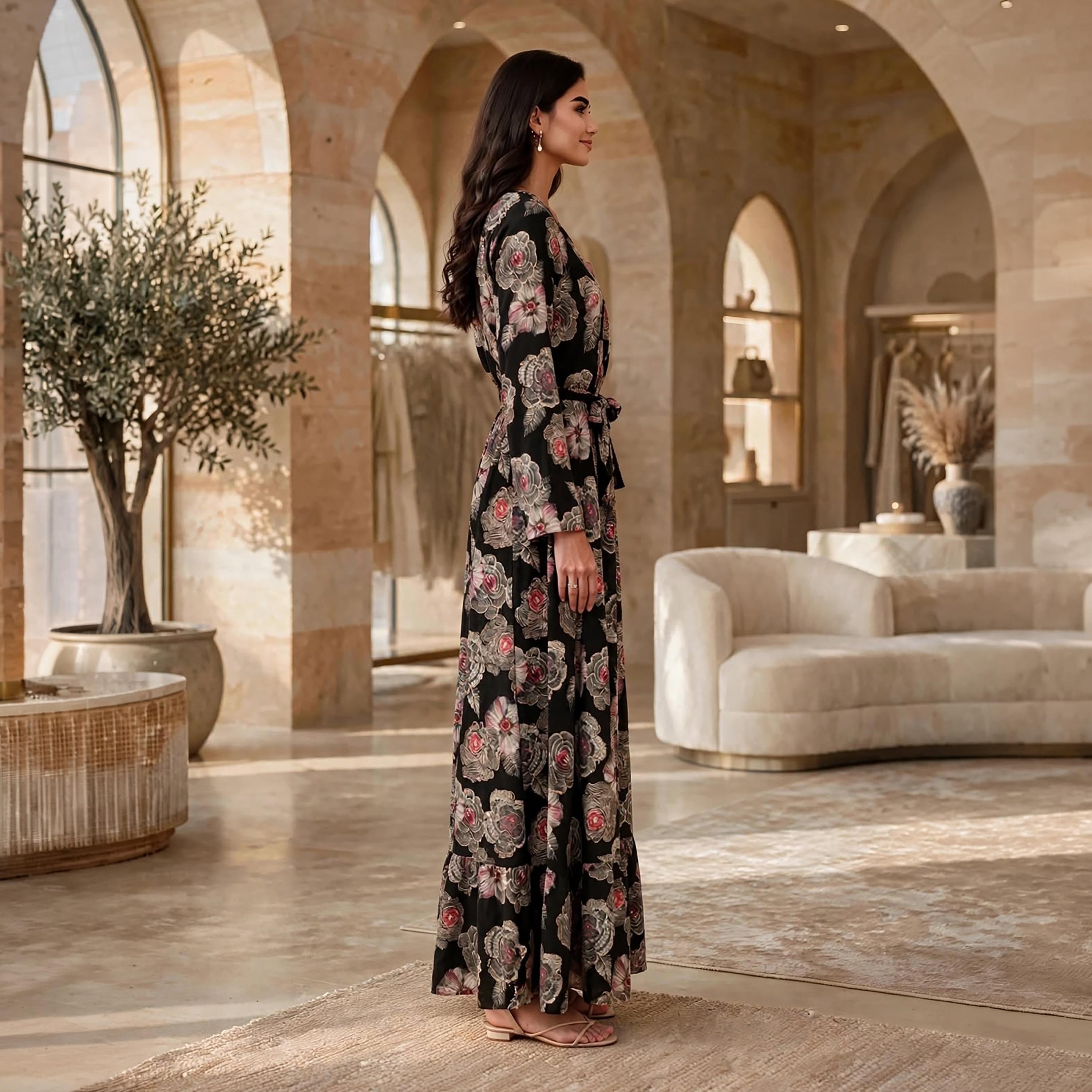 فستان حريمي بقصة ضيقة من الأعلى وواسعة تدريجياً بطبعة زهور وأكمام بكشكشة من إيكسا-women-clothing-dresses-image-3