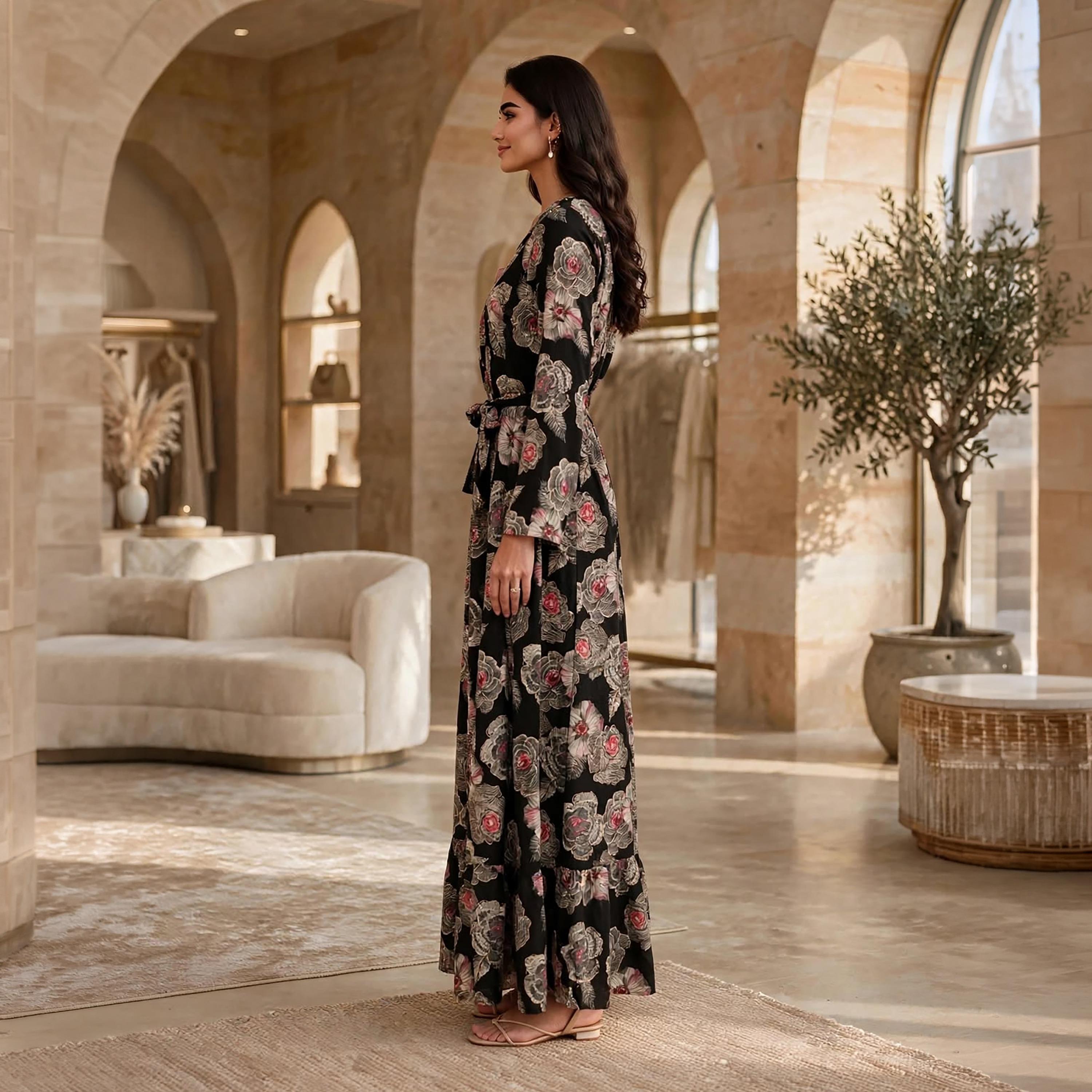 فستان حريمي بقصة ضيقة من الأعلى وواسعة تدريجياً بطبعة زهور وأكمام بكشكشة من إيكسا-women-clothing-dresses-image-14