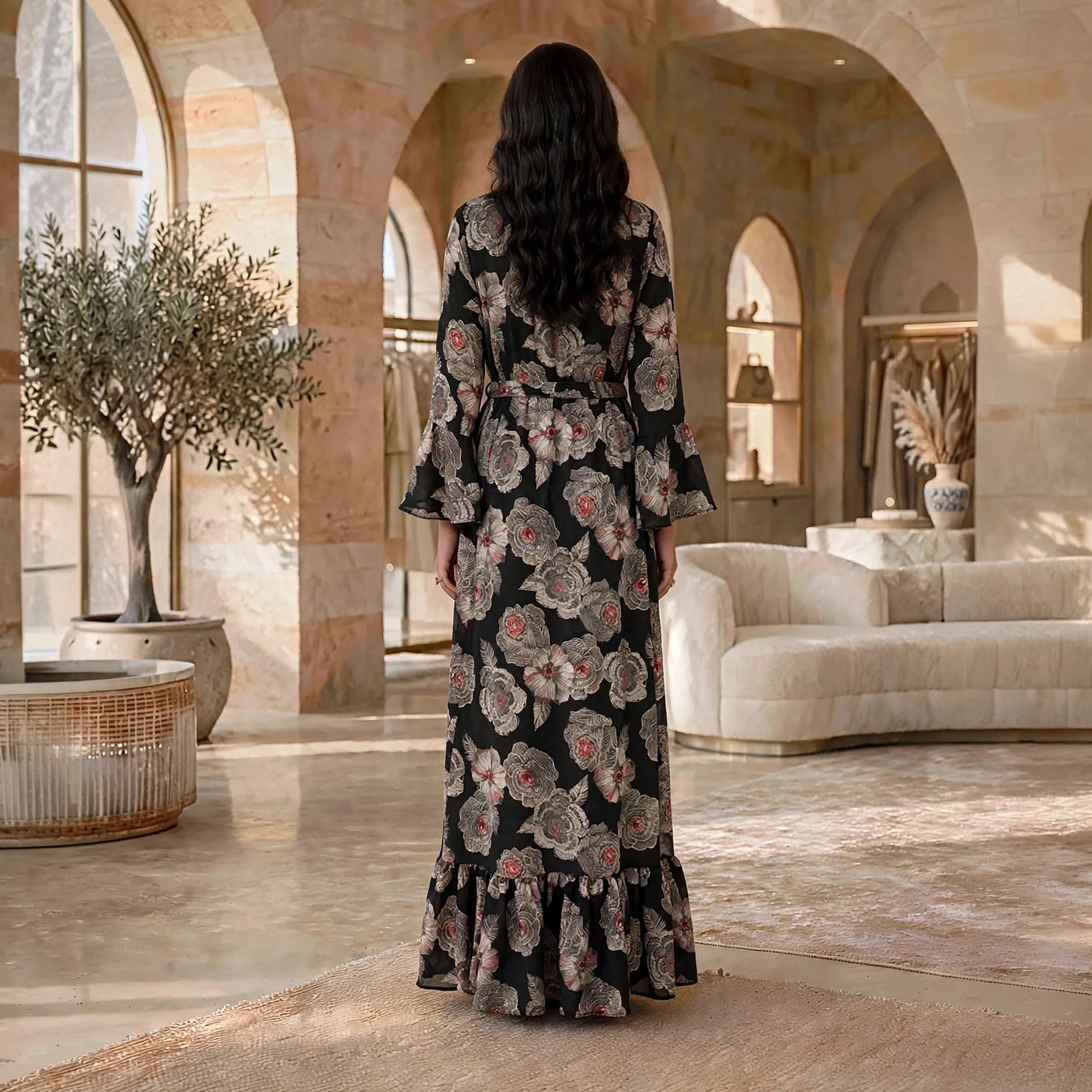 فستان حريمي بقصة ضيقة من الأعلى وواسعة تدريجياً بطبعة زهور وأكمام بكشكشة من إيكسا-women-clothing-dresses-image-5