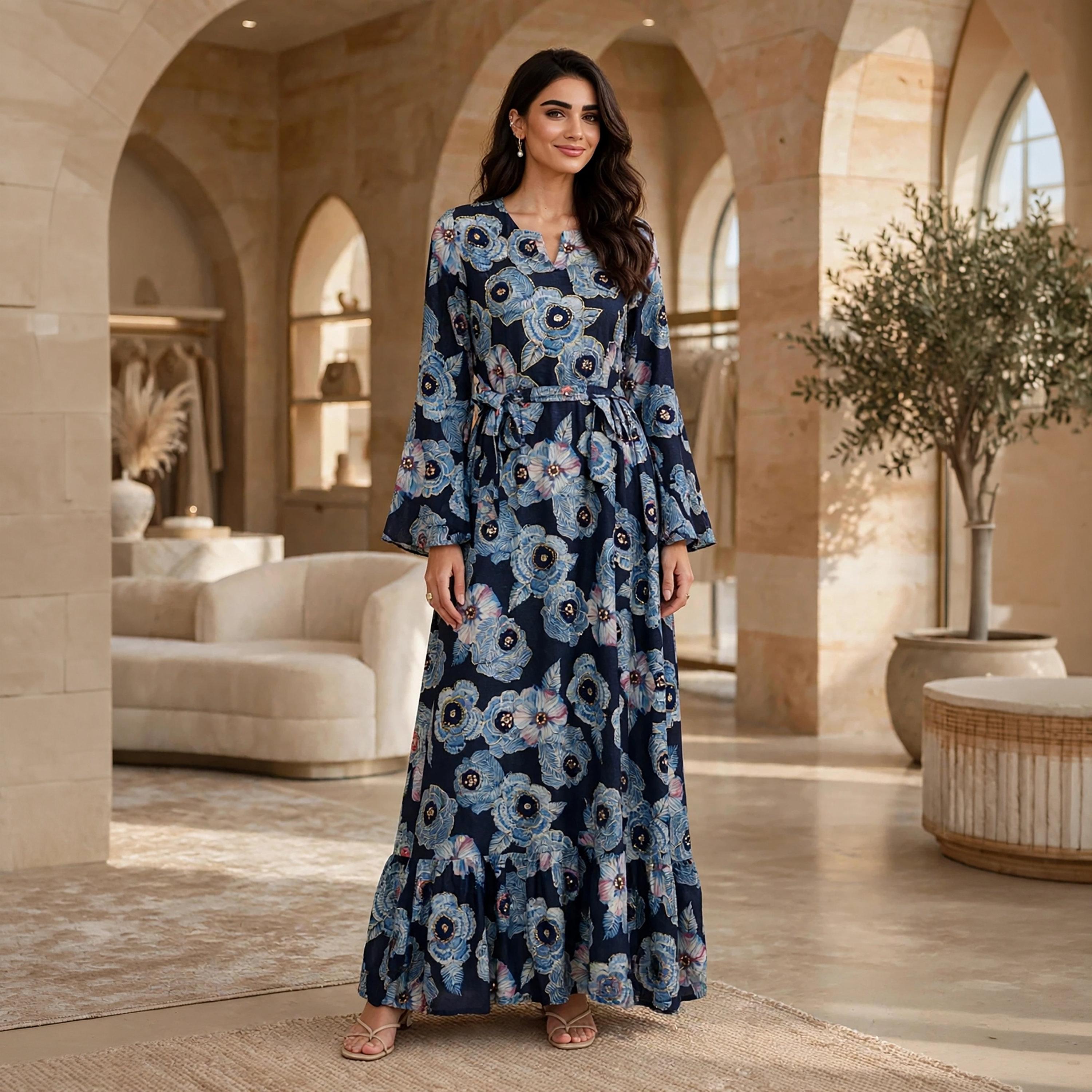 فستان حريمي بقصة ضيقة من الأعلى وواسعة تدريجياً بطبعة زهور وأكمام بكشكشة من إيكسا-women-clothing-dresses-image-1