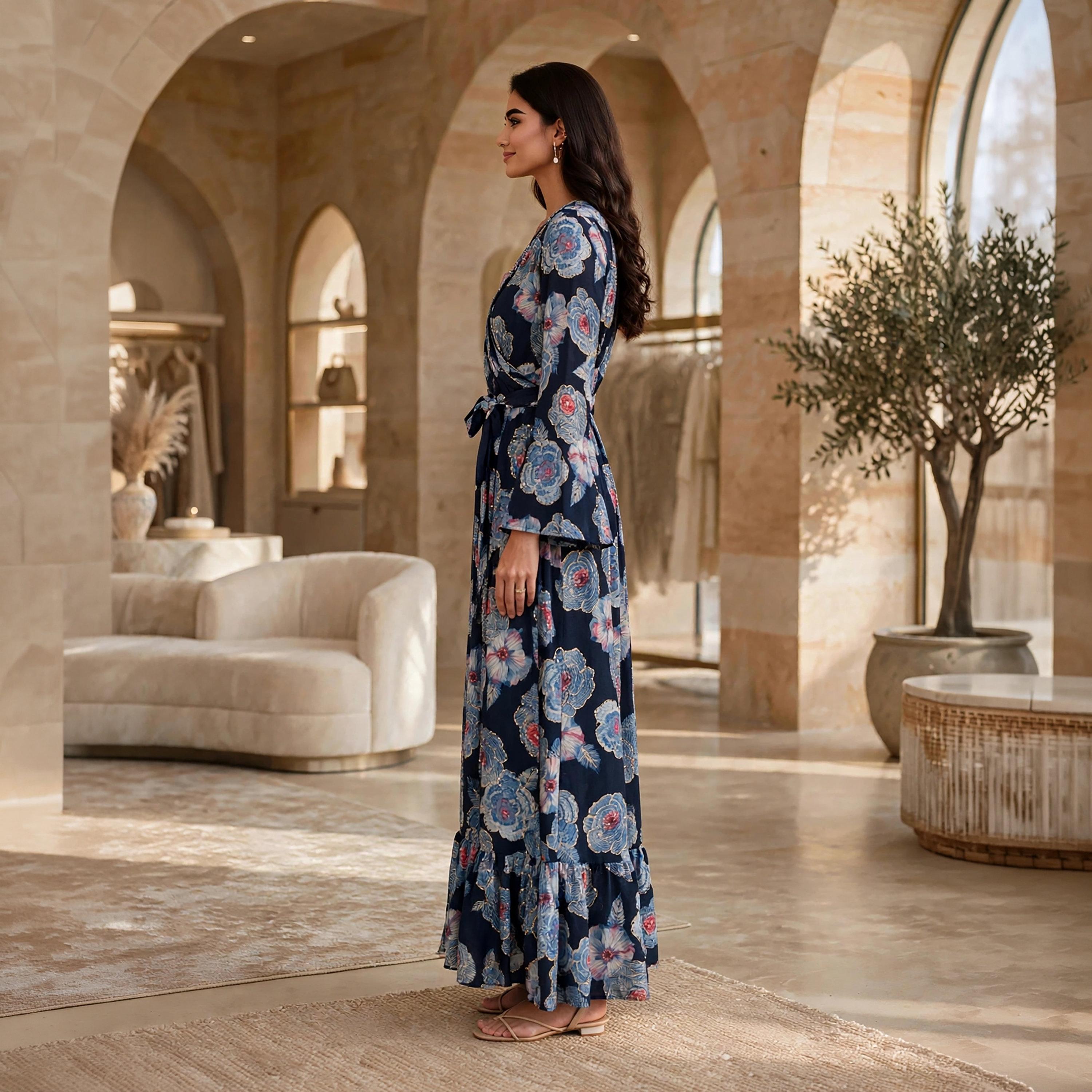 فستان حريمي بقصة ضيقة من الأعلى وواسعة تدريجياً بطبعة زهور وأكمام بكشكشة من إيكسا-women-clothing-dresses-image-4