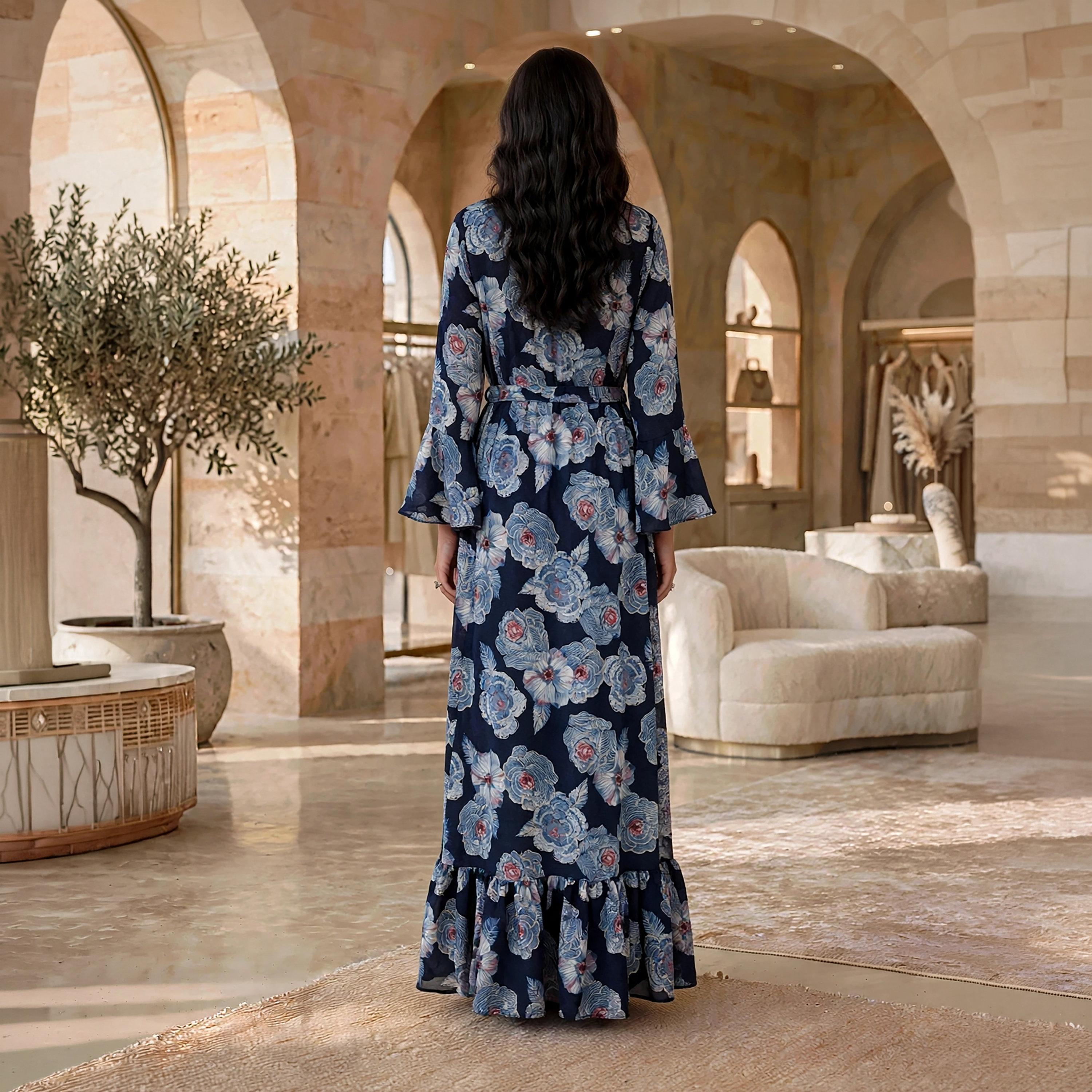 فستان حريمي بقصة ضيقة من الأعلى وواسعة تدريجياً بطبعة زهور وأكمام بكشكشة من إيكسا-women-clothing-dresses-image-5