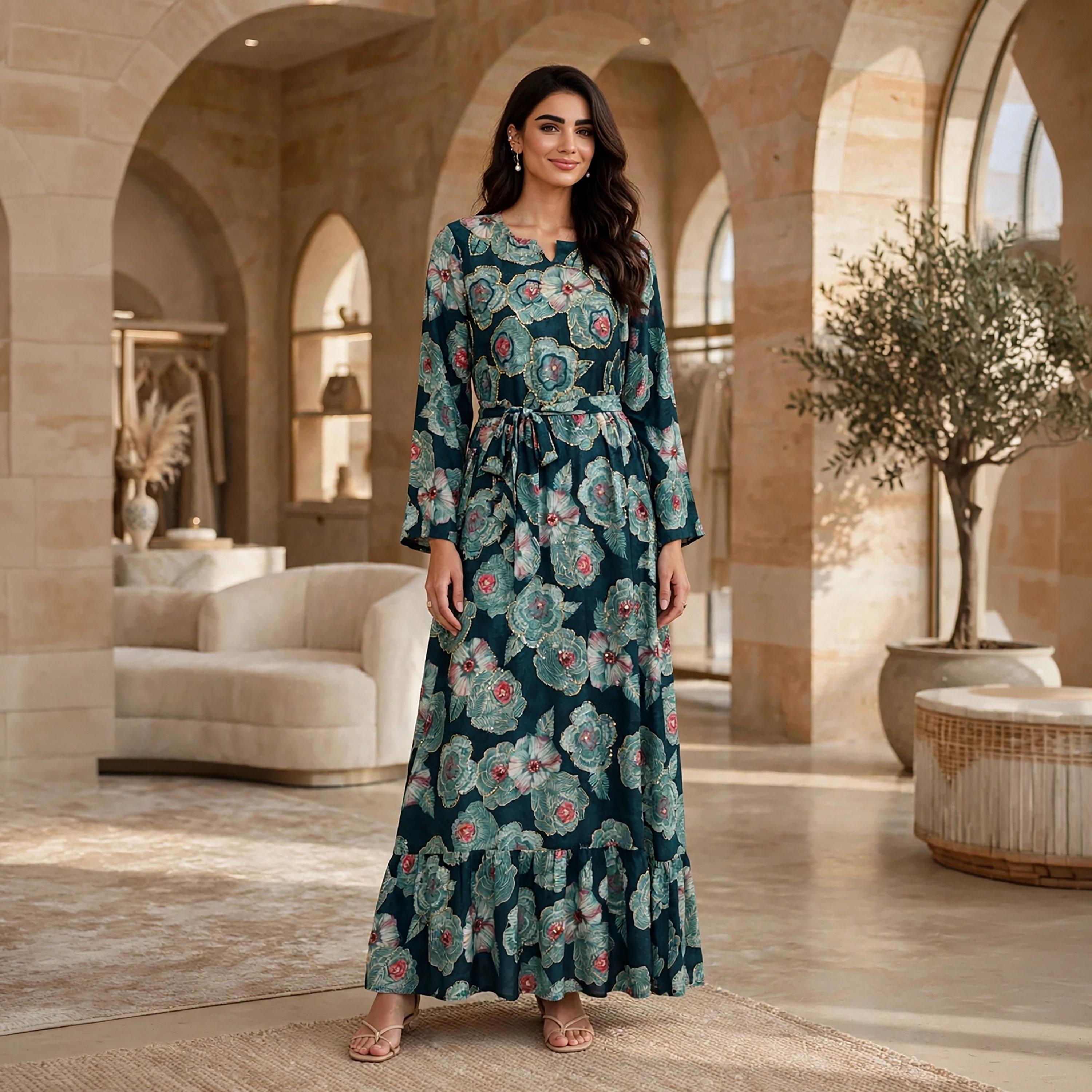 فستان حريمي بقصة ضيقة من الأعلى وواسعة تدريجياً بطبعة زهور وأكمام بكشكشة من إيكسا-women-clothing-dresses-image-1
