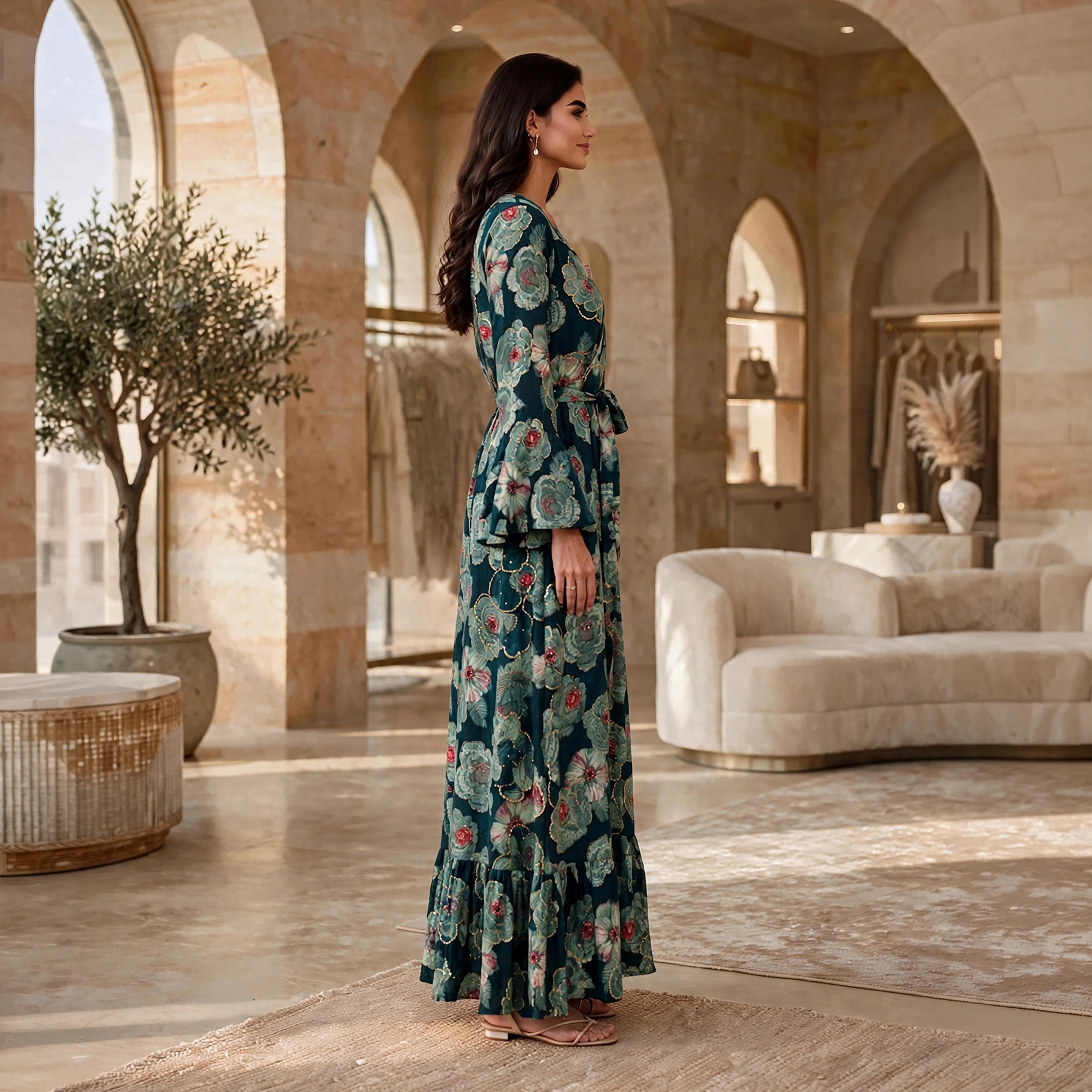 فستان حريمي بقصة ضيقة من الأعلى وواسعة تدريجياً بطبعة زهور وأكمام بكشكشة من إيكسا-women-clothing-dresses-image-8