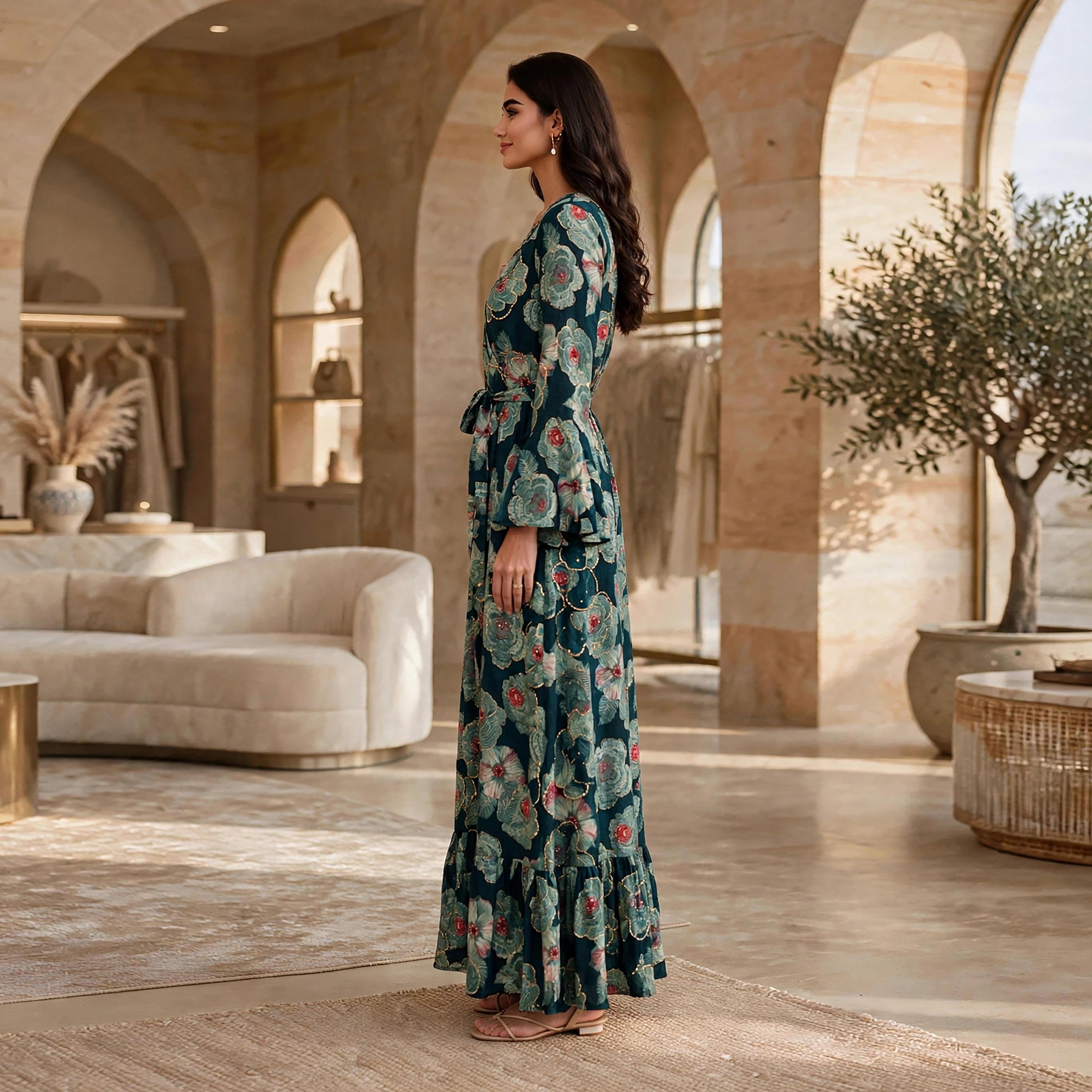 فستان حريمي بقصة ضيقة من الأعلى وواسعة تدريجياً بطبعة زهور وأكمام بكشكشة من إيكسا-women-clothing-dresses-image-9