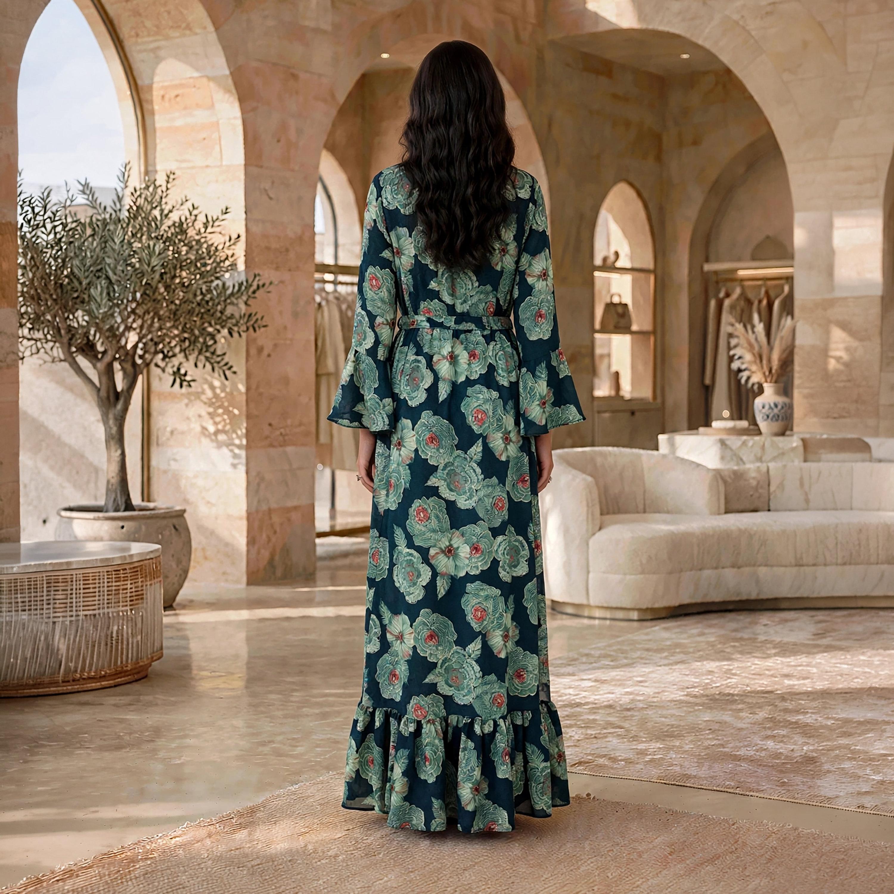 فستان حريمي بقصة ضيقة من الأعلى وواسعة تدريجياً بطبعة زهور وأكمام بكشكشة من إيكسا-women-clothing-dresses-image-5
