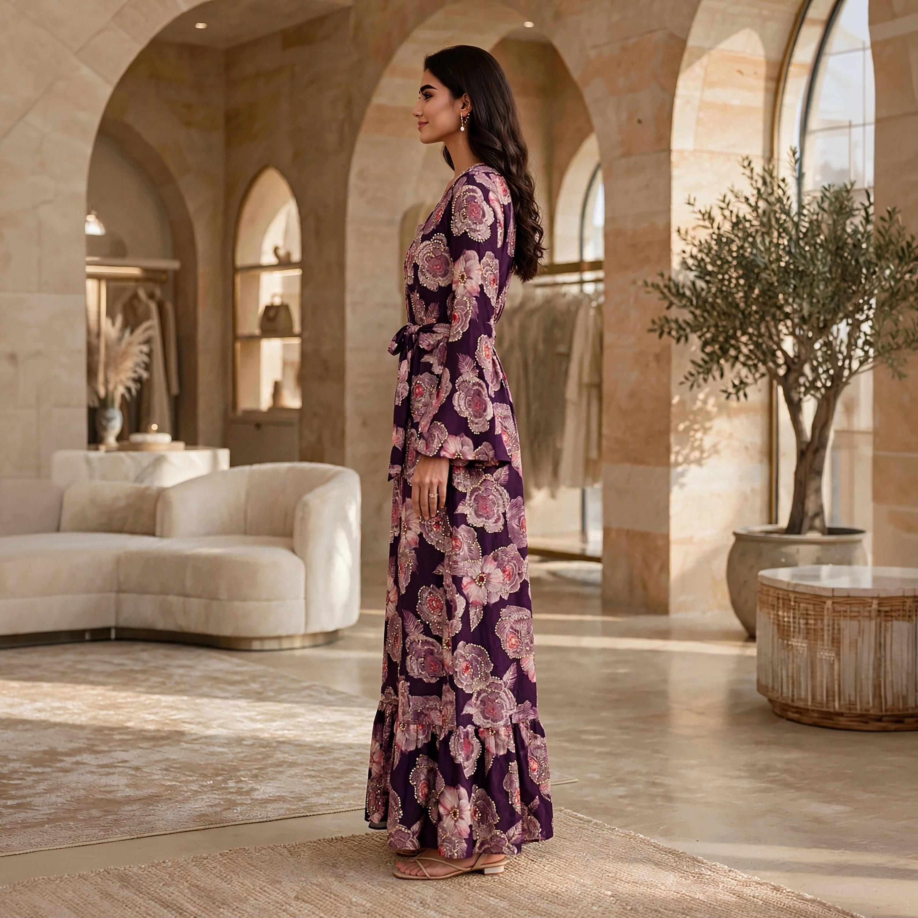 فستان حريمي بقصة ضيقة من الأعلى وواسعة تدريجياً بطبعة زهور وأكمام بكشكشة من إيكسا-women-clothing-dresses-image-4