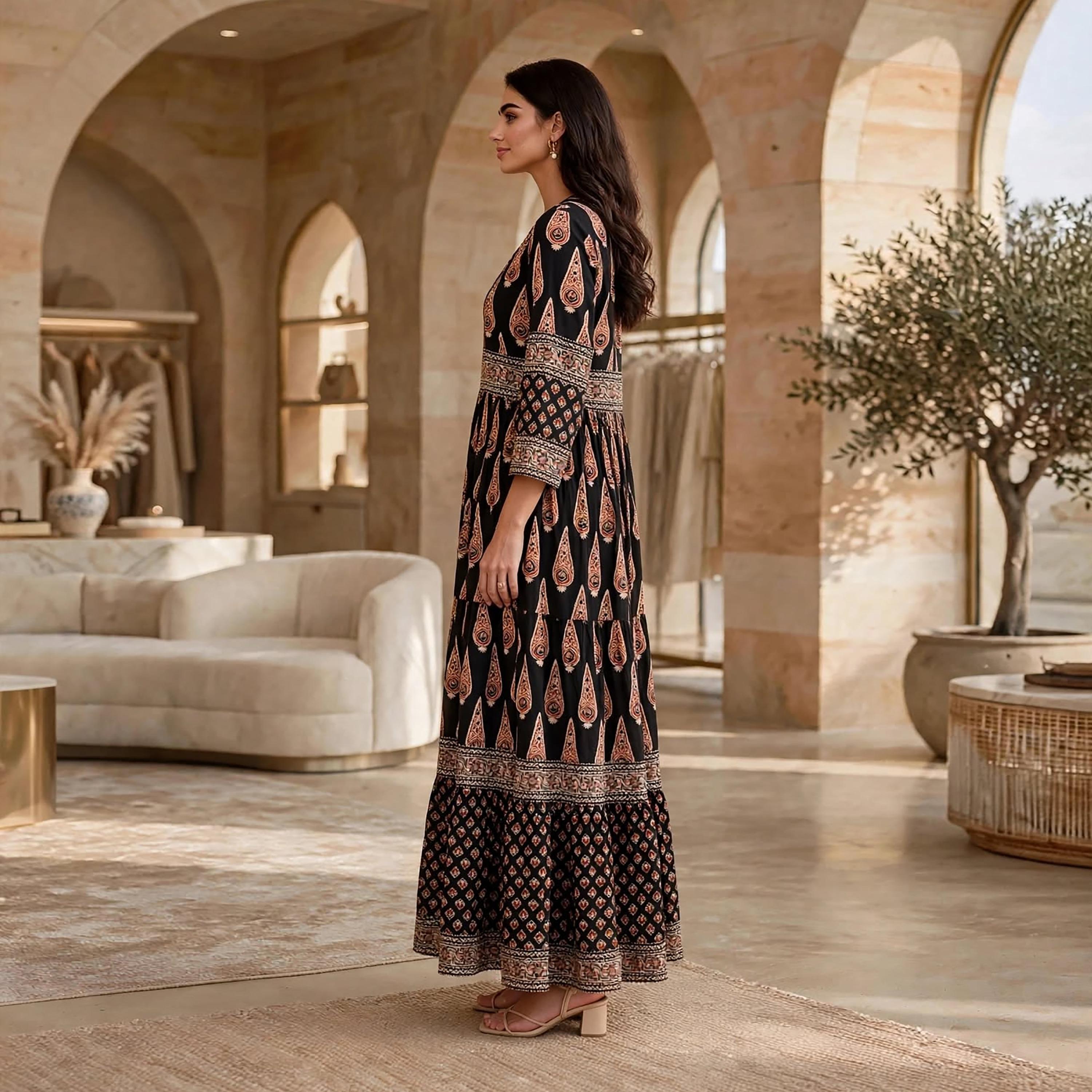 فستان حريمي بطبقات برقبة مربعة ونقوش عرقية من إيكسا-women-clothing-dresses-image-4